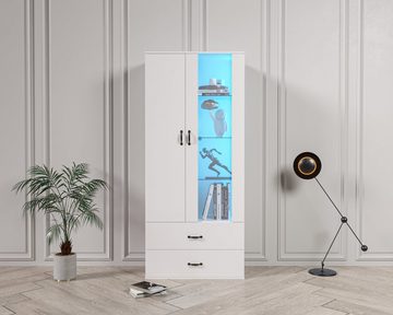 OKWISH Vitrine (16-farbige LED-Lichtvitrine mit Glasböden, Standvitrine mit zwei Türen, großer Stauraum, Front-Hochglanzvitrine) Höhe: 182cm