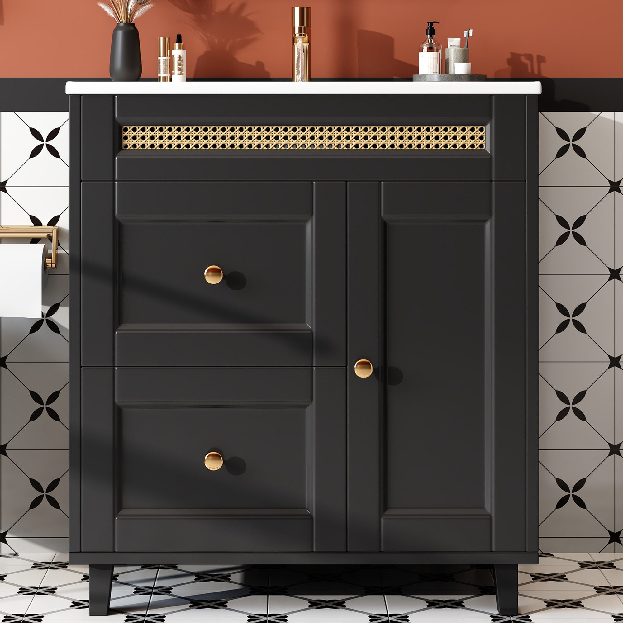 Flieks Waschtisch Massivholzfüße, Rattan-Dekorationen und verstellbare Einlegeböden (Waschbeckenunterschrank inkl. Waschbecken, bodenstehend, 1-St., B76/T46/H86,5 cm), Badmöbel-Set Badzimmerschank mit 2 Schubladen und Türablagen Schwarz