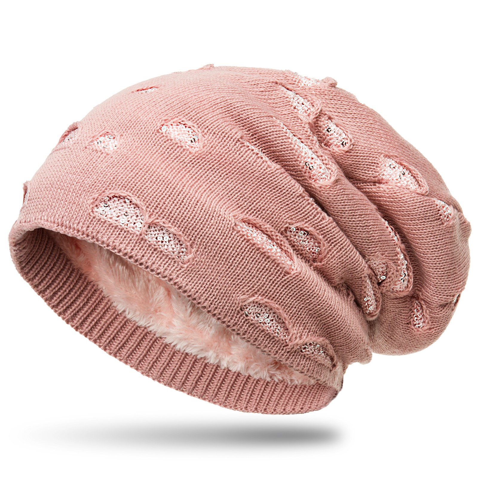 Caspar Beanie MU178 gefütterte Feinstrick Beanie Mütze im Destroyed Glitzer Look