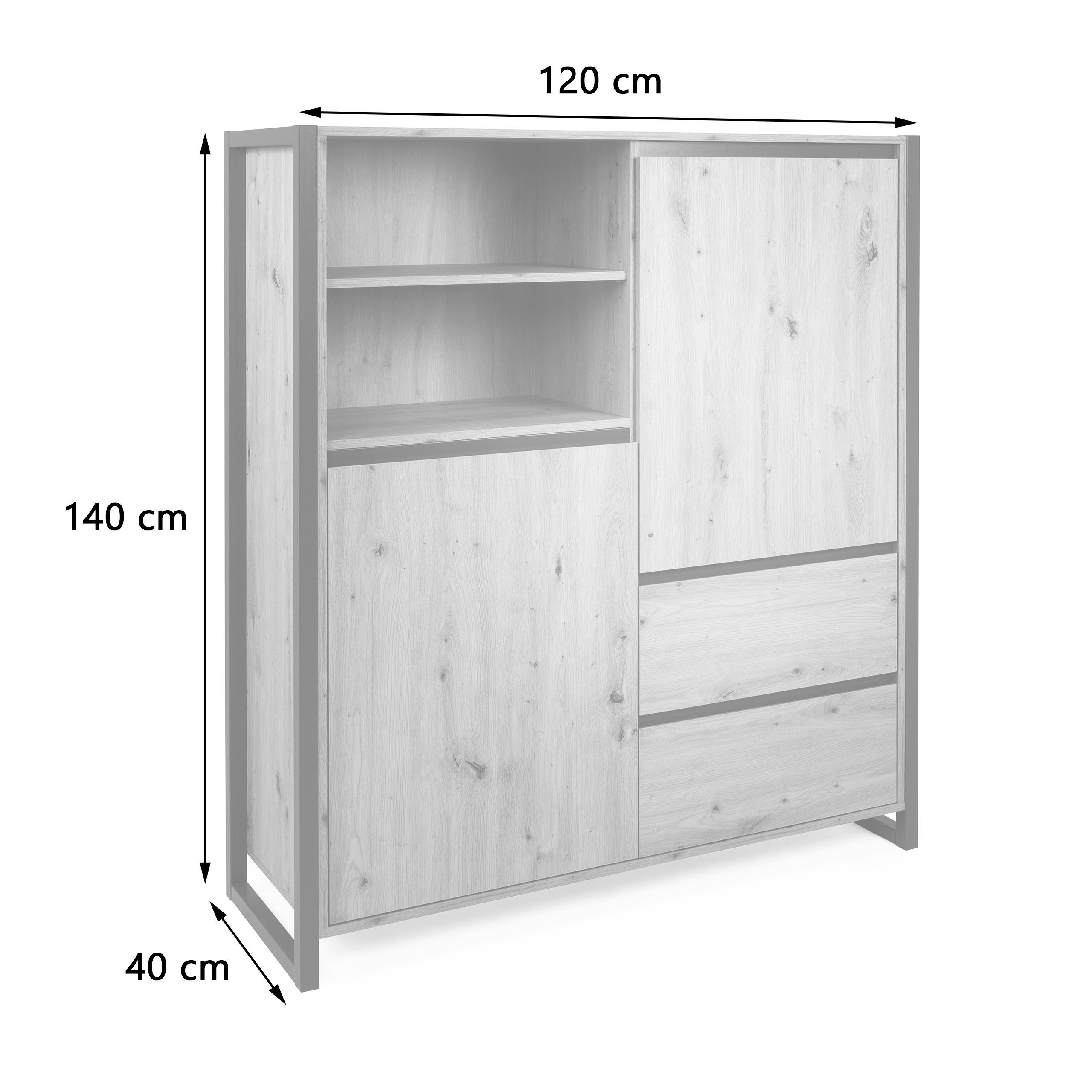 Newroom Highboard Vincent, Highboard Wildeiche Vintage Industrial Sideboard Kommode Anrichte