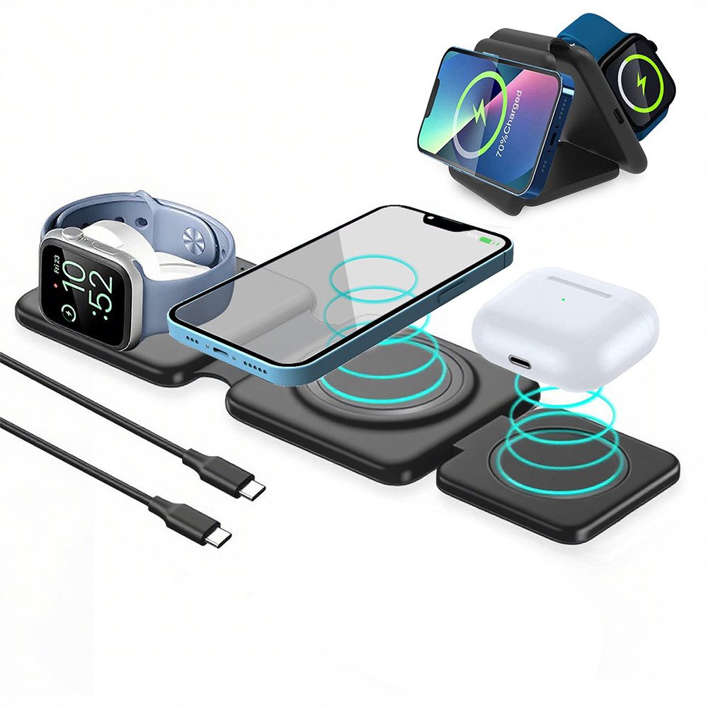 MOPUEA 3-in-1 Induktive Ladestation Wireless Charger Faltbar Multifunktional Wireless Charger (2000 mA, Faltbares 3-in-1-Wireless-Ladegerät für Handy, Uhr und Kopfhörer, Kompakt, tragbar, ideal für Zuhause, Büro und Reisen mit LED-Anzeige, Magnetische Ausrichtung, Überhitzungsschutz, sicheres Schnellladen)