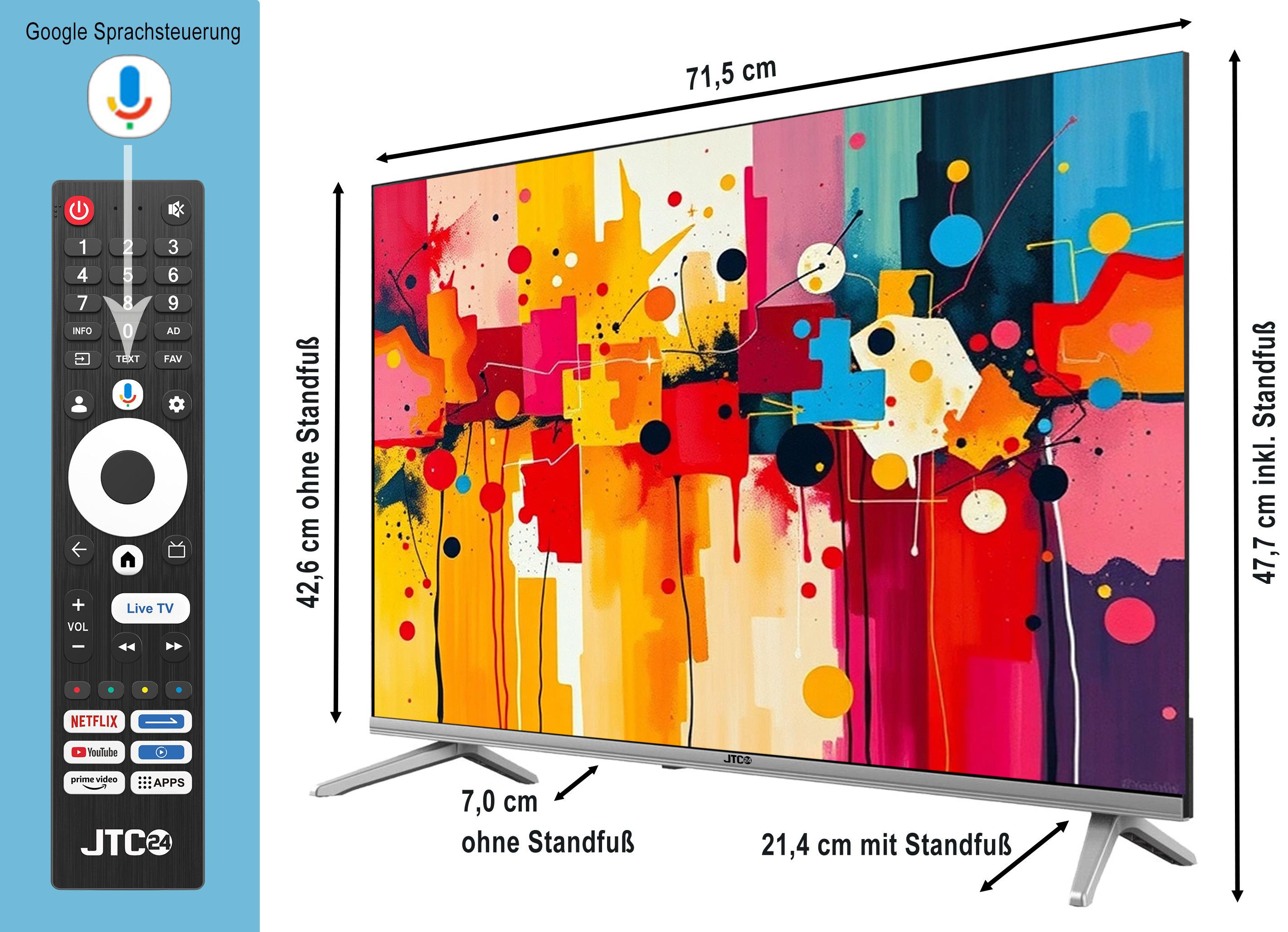 JTC-24 JTCSQ32H39330G QLED-Fernseher (80 cm/32 Zoll, HD ready, Google TV, 32 Zoll, QLED, Android TV, Sprachsteuerung, Triple Tuner, Bluetooth)