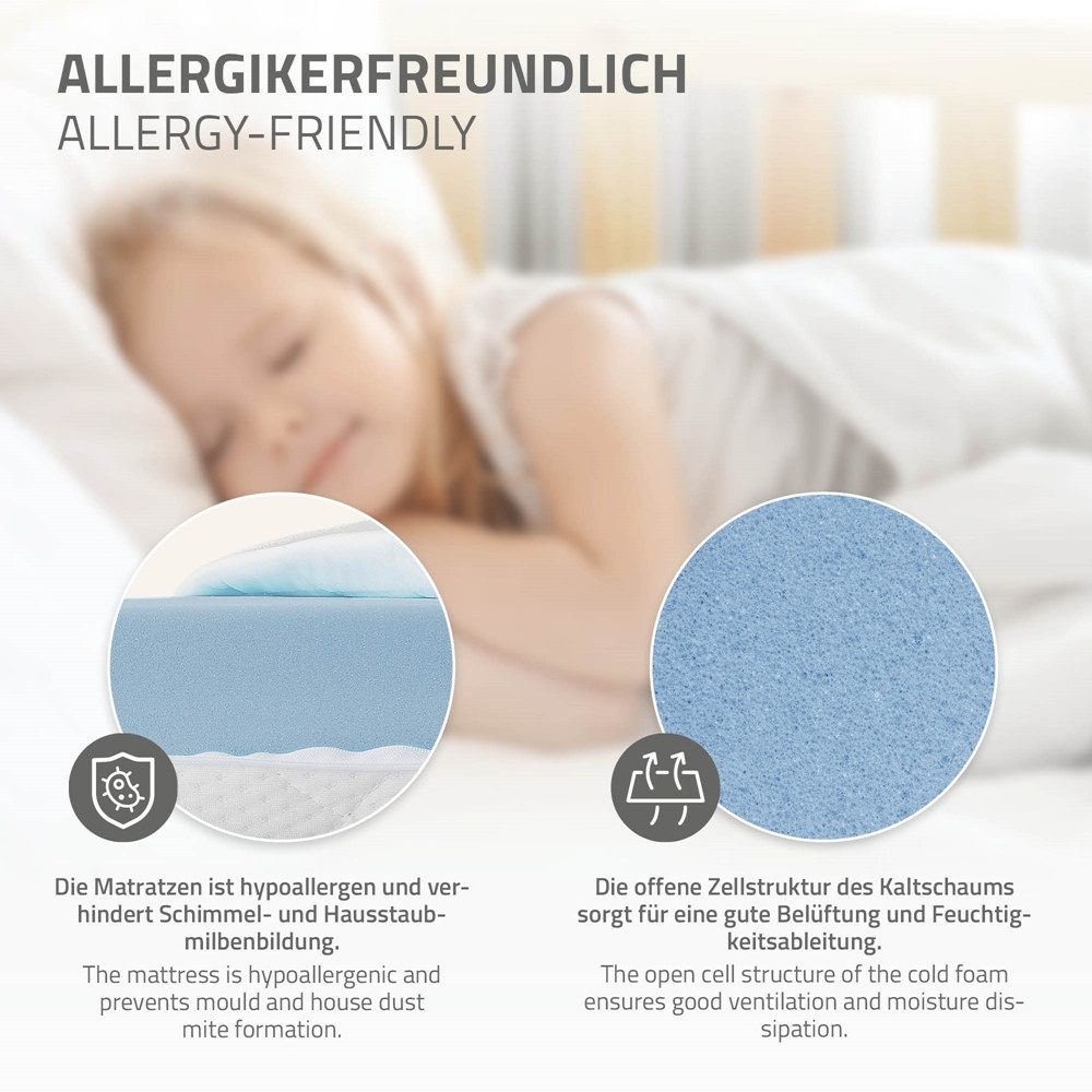 Kaltschaummatratze Juniormatratze Kindermatratze mit Reißverschluss und waschbarem Bezug, ML-DESIGN, 10 cm hoch, atmungsaktiv Matratze 90x200x10cm Schadstoffgeprüft für Kinderbett, H4