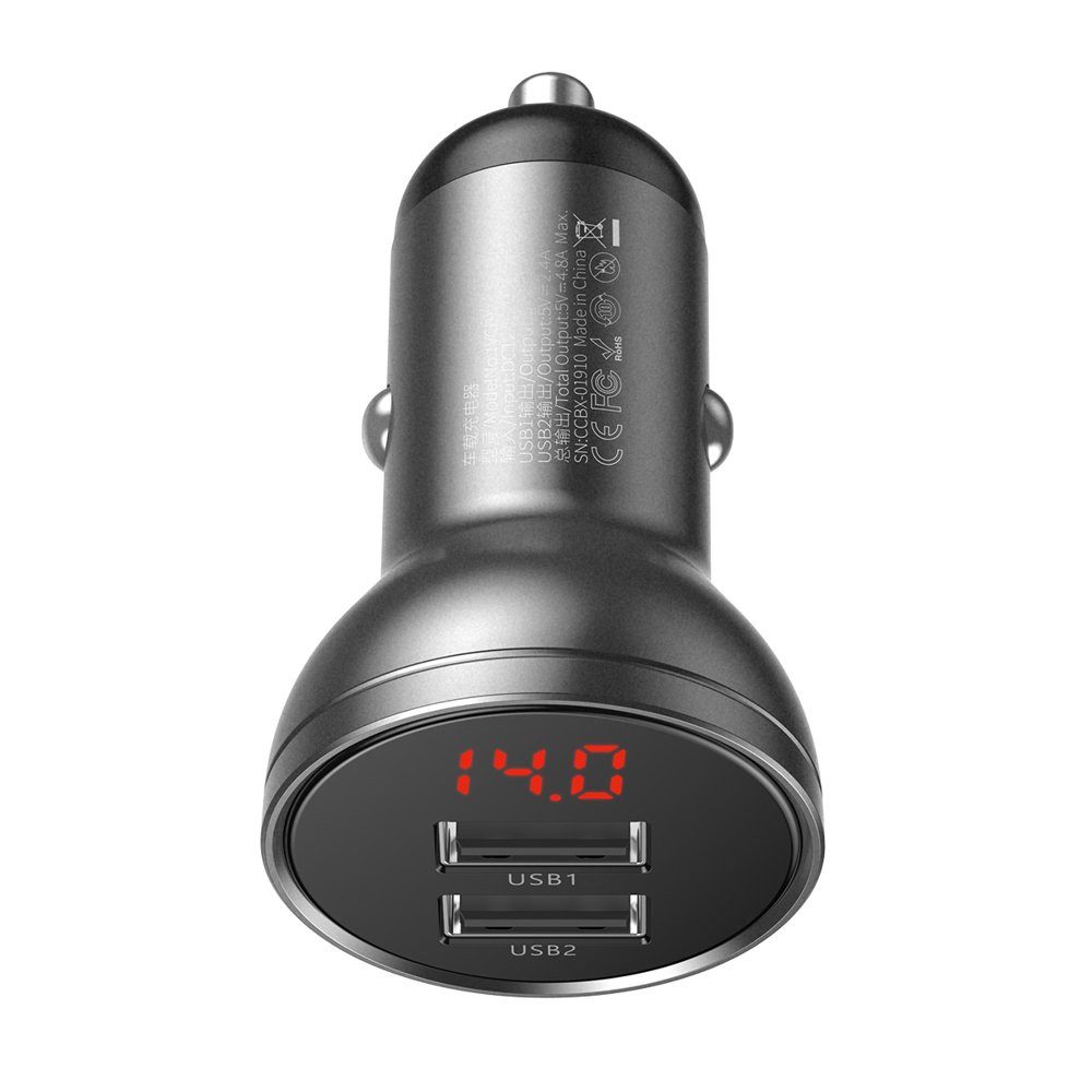Autoladegerät 2x USB 4.8A 24W mit LCD grau (CCBX-0G) Smartphone-Ladegerät