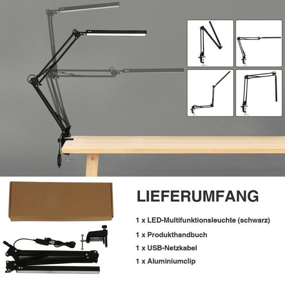 W, Klemme, faltbare Metallschwenkarm Architekten-Tischlampe 10 Bothergu LED mit Tischleuchte,