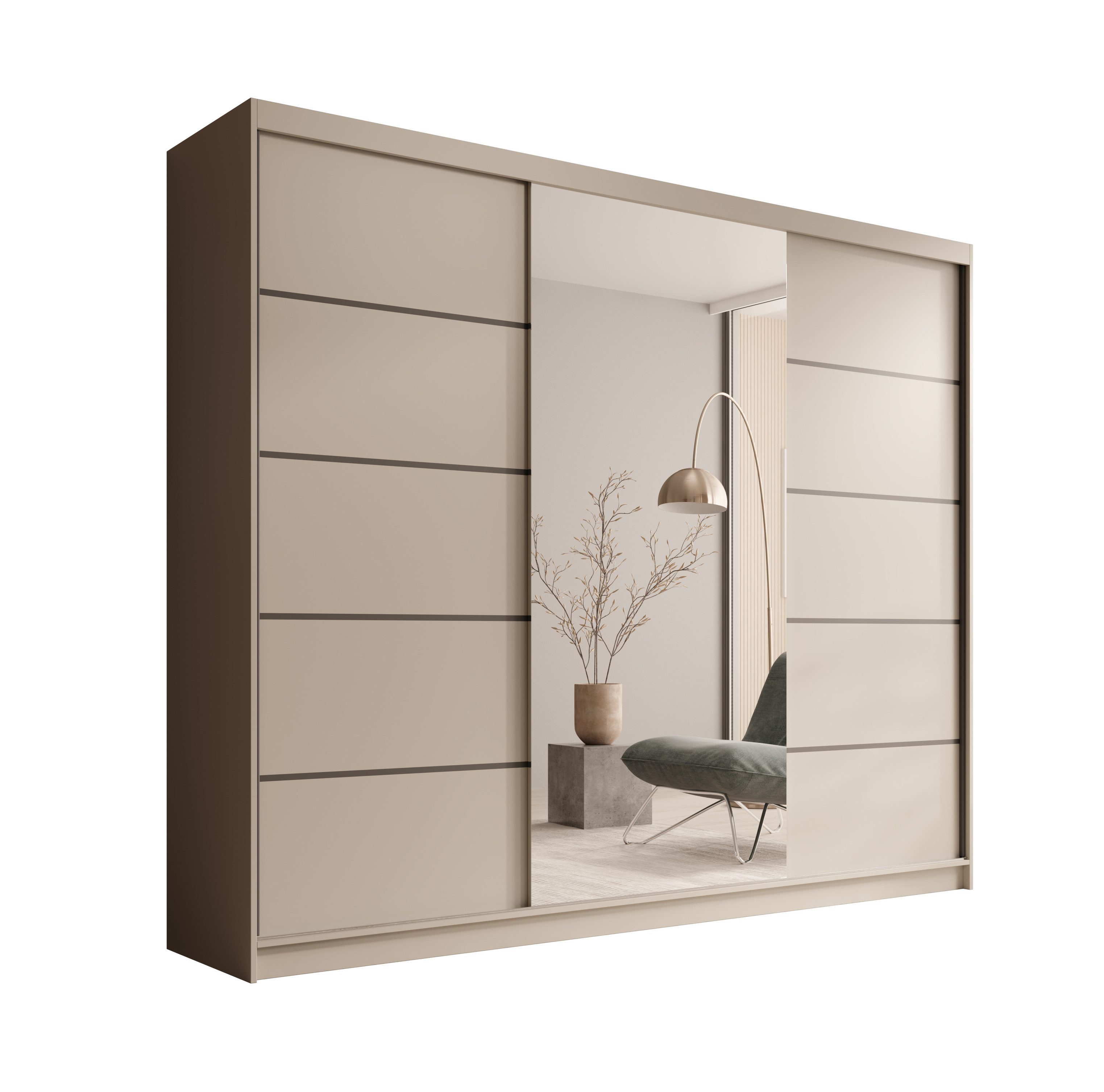 MOEBLO Schiebetürenschrank Tivora 250 (Moderner, platzsparender Kleiderschrank mit Spiegel für Schlafzimmer und Ankleidezimmer, 3 Schiebetüren, 11 Einlegeböden, stabile Kleiderstange, Wohnzimmerschrank mit Spiegel, Schwebetürenschrank Schrank Garderobe Schiebtüren Schlafzimmer) (BxHxT): 250x215x58 cm