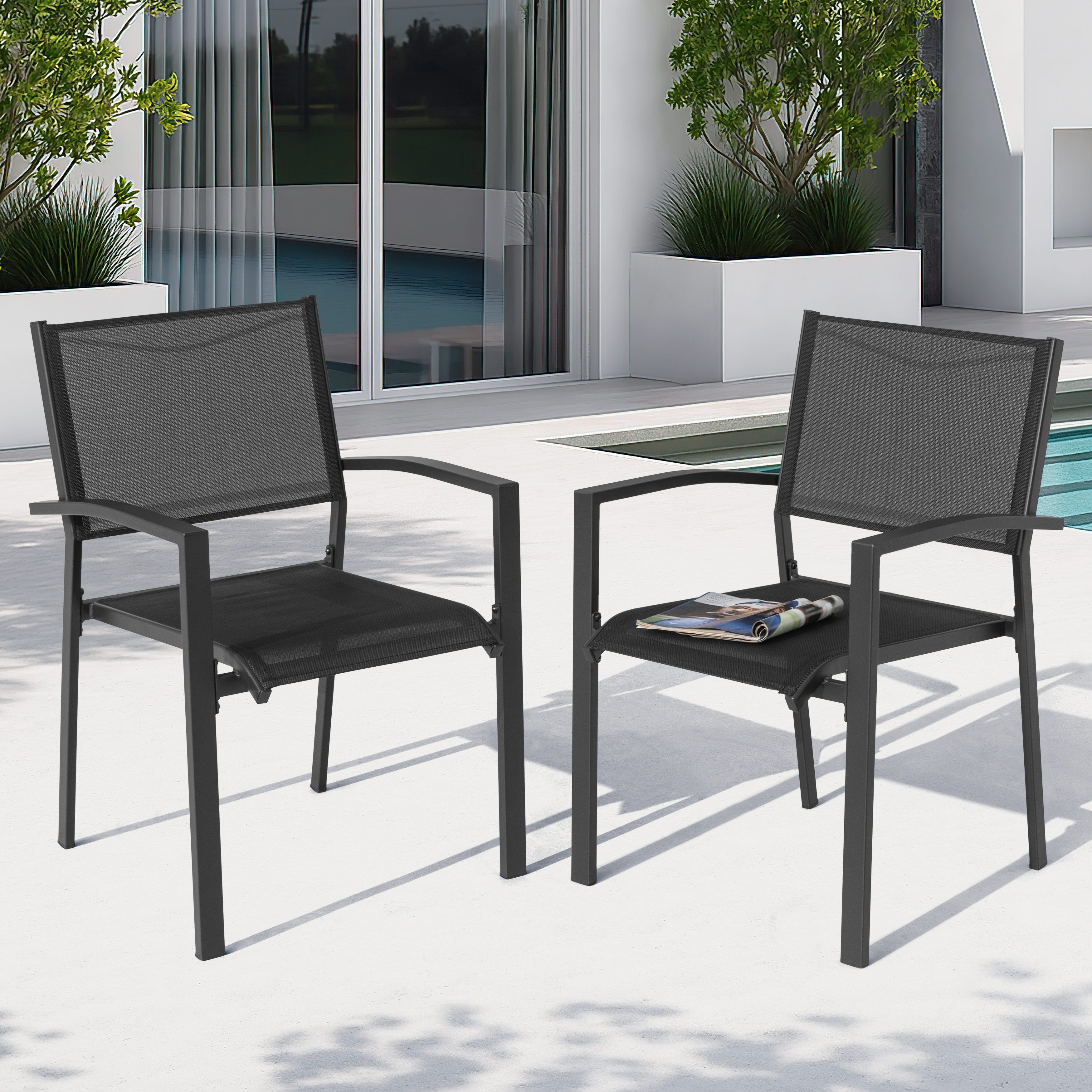 Avestar Esszimmerstuhl Stapelbare Gartenstuhl mit Armlehne, aus schwarzem Textilene (2 St)