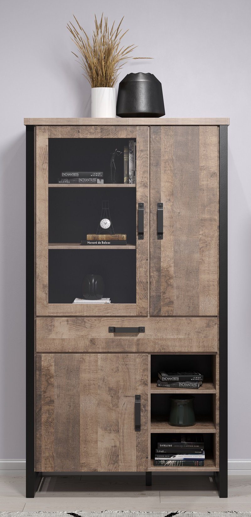 trendteam Highboard Vitrine Emile groß, Eiche Tabak / Schwarz (no-Set),  nachhaltig