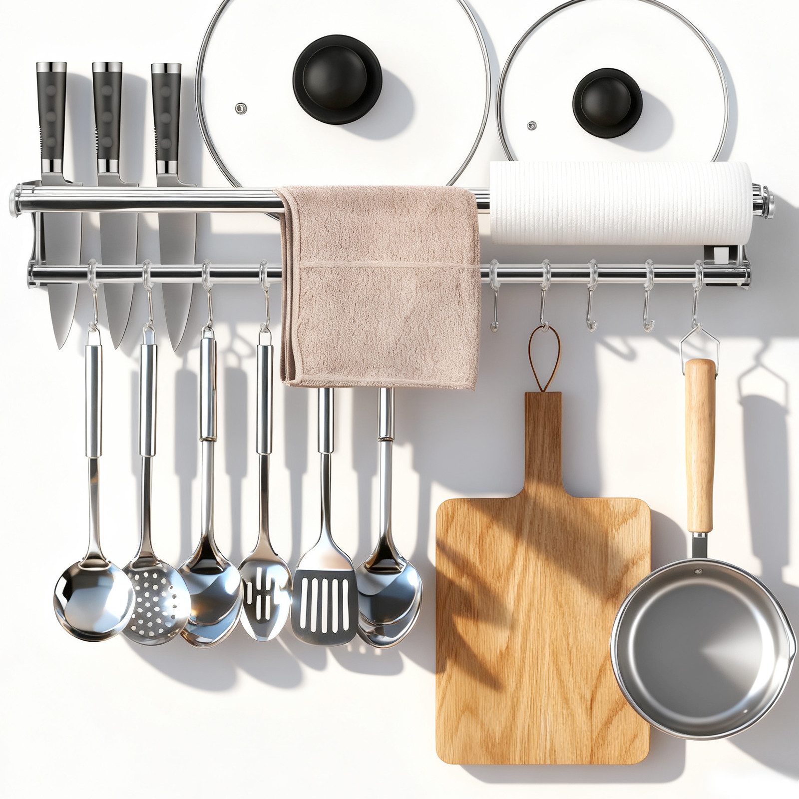 BlingBin Hakenleiste Edelstahl Küchenhakenleiste, Doppelte Hängeleiste mit 12 Haken, (1er Set, 1 St., Produktabmessungen: 60*9.4*9 cm), 60cm Wandhalterung Küchenutensilienhalter für Küche Badezimmer