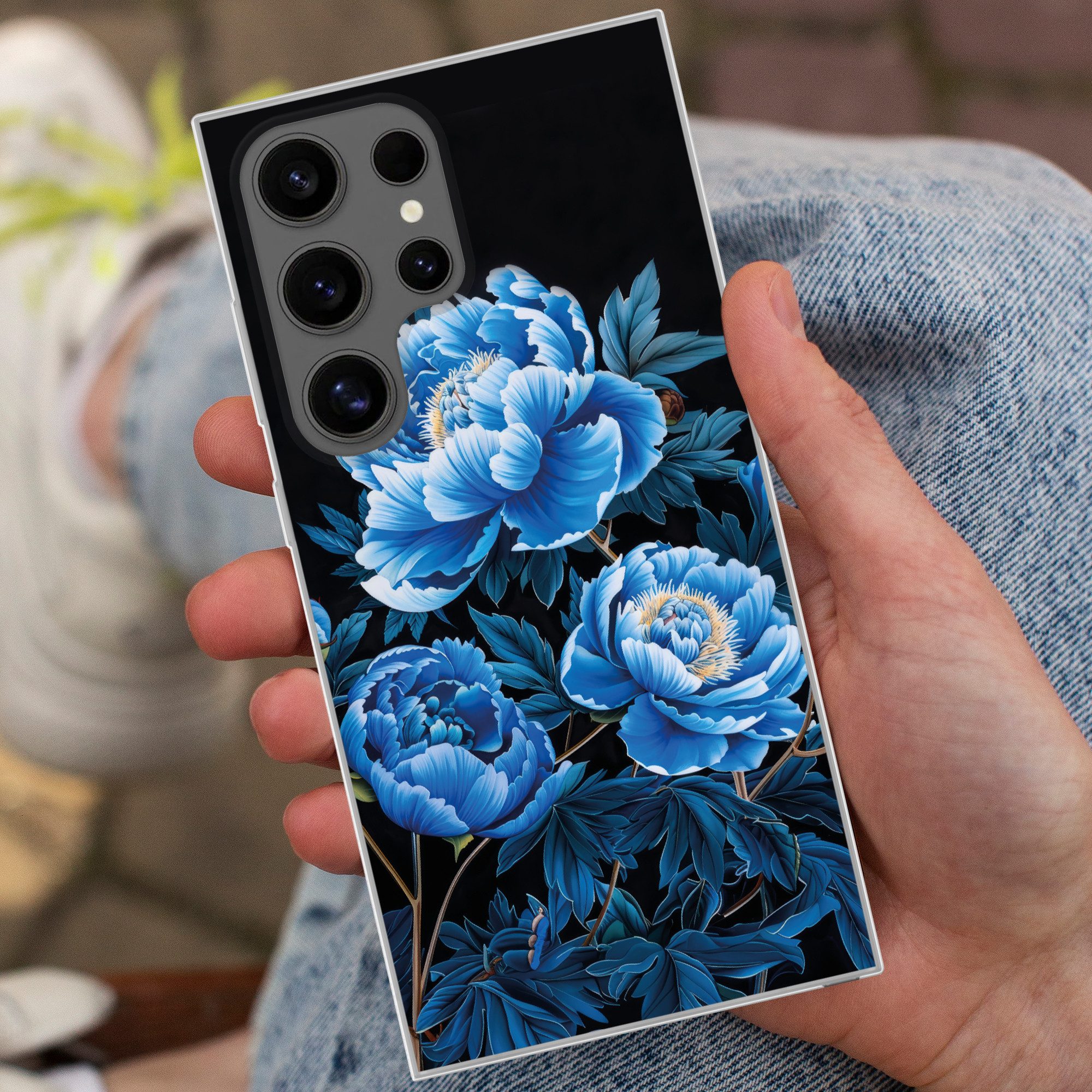 MuchoWow Handyhülle für Samsung Galaxy S24 Ultra Blumen - Schwarz - Blau - Modern, Phone Case, Silikon, Schutzhülle Dünn