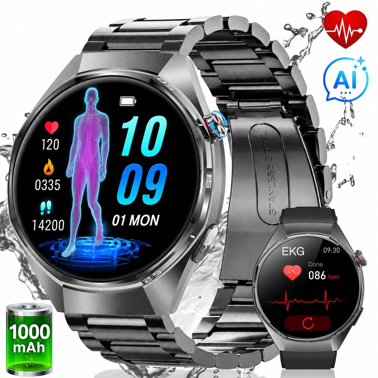 SWGOTA Smartwatch Herren Damen mit AI-Gesundheitsanalyse/EKG+PPG/HRV/BMI/SpO₂ Smartwatch 1,43"AMOLED Fitness Tracker mit 1000mAh,MET-Messung,Pulsuhr,Βlutdruck, 24 Std. Schlafüberwachung,Körpertemperatur,100+Sportmodi Fitnessuhr