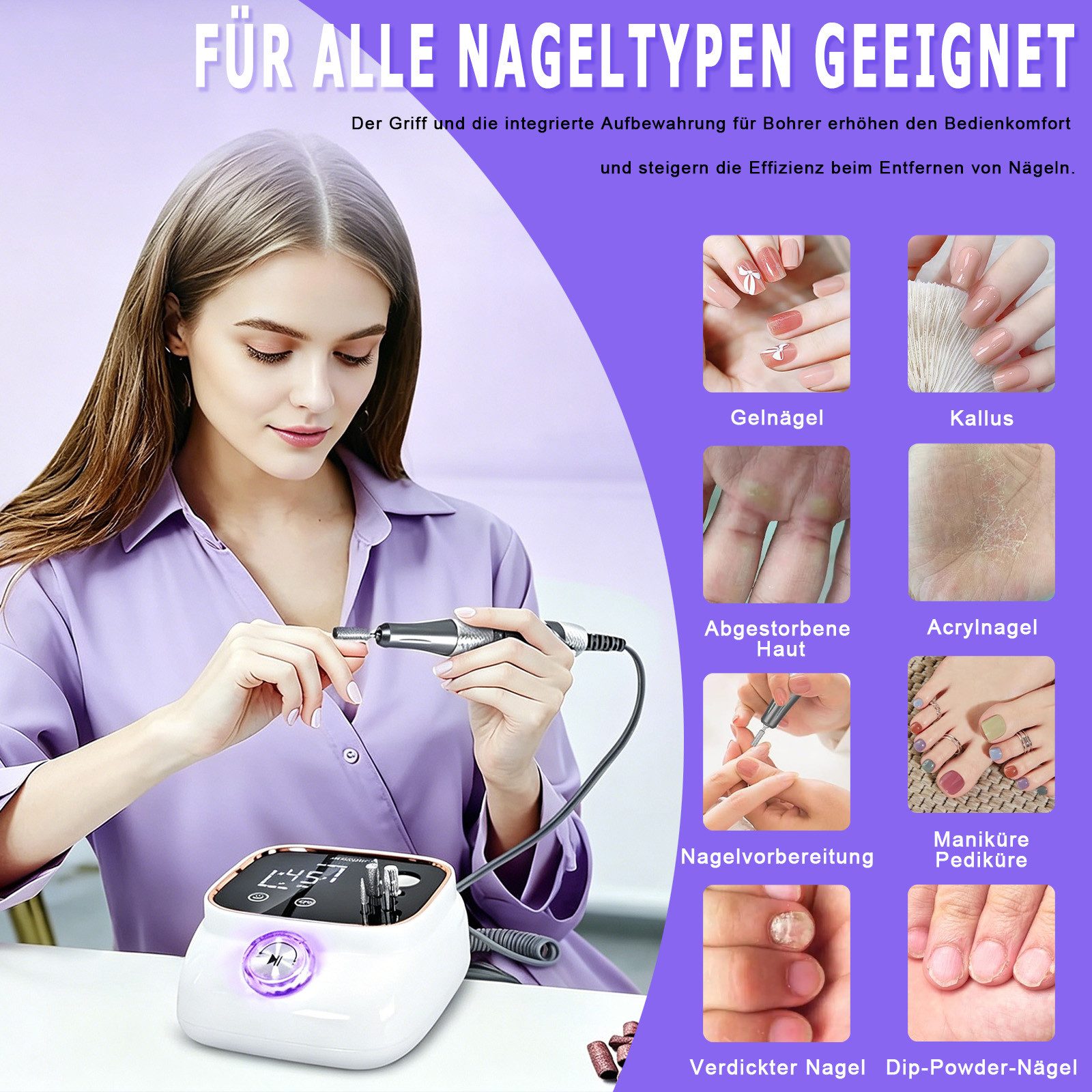 AKKEE Maniküre-Pediküre-Set Profi Elektrische Nagelfräser 45000RPM,Fräser für Gelnägel, mit Lcd-Display
