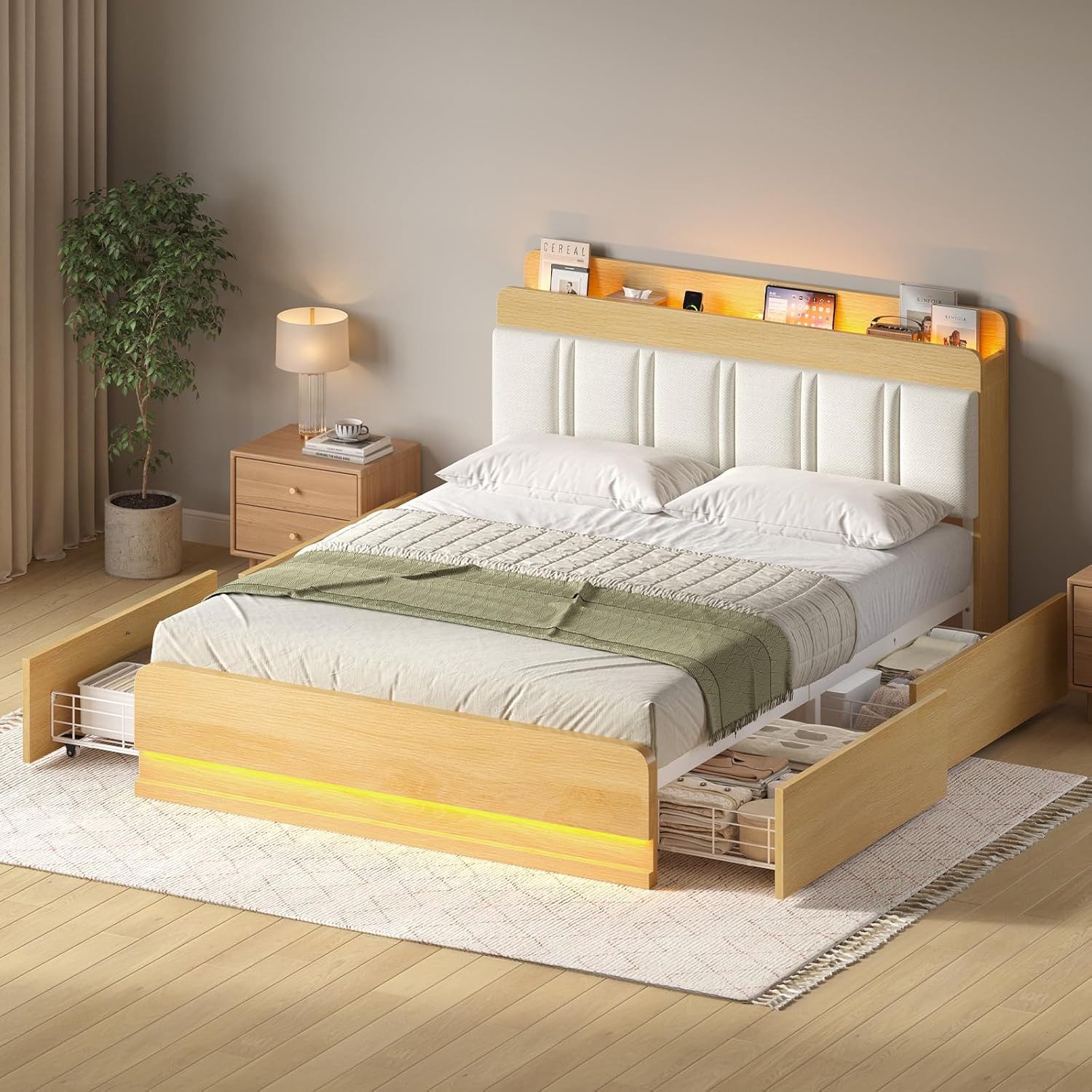 KIMENICH Polsterbett mit LED-Beleuchtung und Ladestation, Stauraumbett mit 4 Schubladen, ohne Matratze, Weiß + Natur