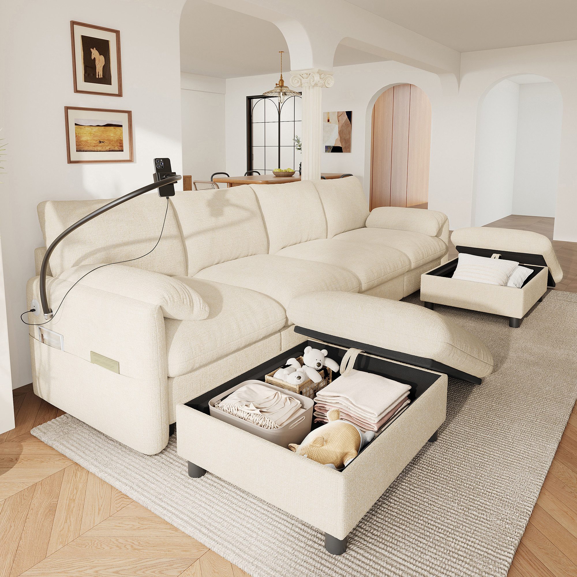 Merax Ecksofa mit USB & Type-C Ladeanschluss, modulares Sofa in U-/L-Form, Chenille, 273,5×133×81 cm 1 Teile, Sofa mit 2 Stauraum-Hockern, 360° Handyhalter & Kissen-Armlehnen
