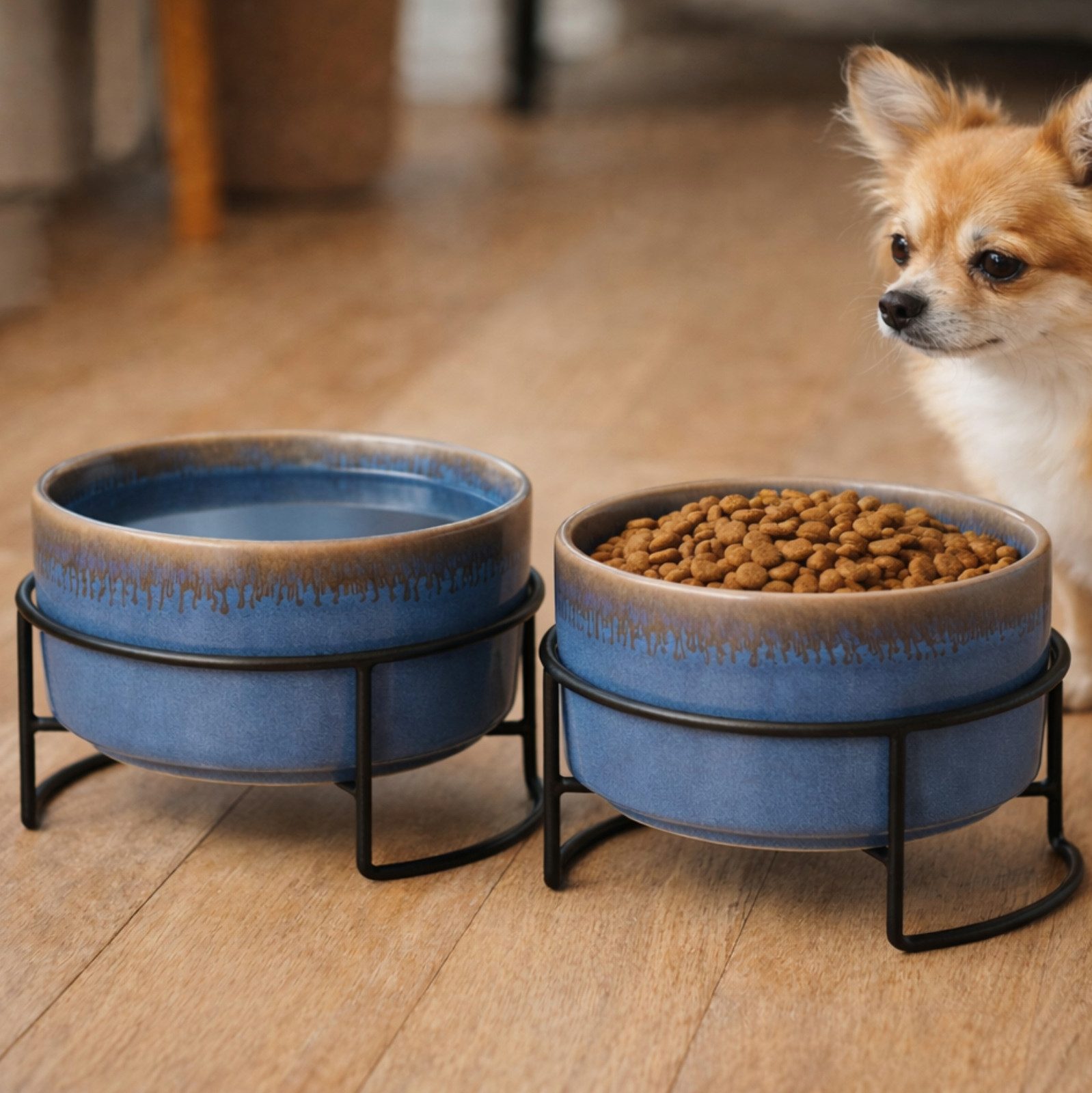 Koopman Futternapf Hundenapf Katzennapf Fressnapf 17x10cm Keramik 2er Set, Keramik, Dunkelblau, Keramik, 1 Liter je Napf, Metall, Standsicher