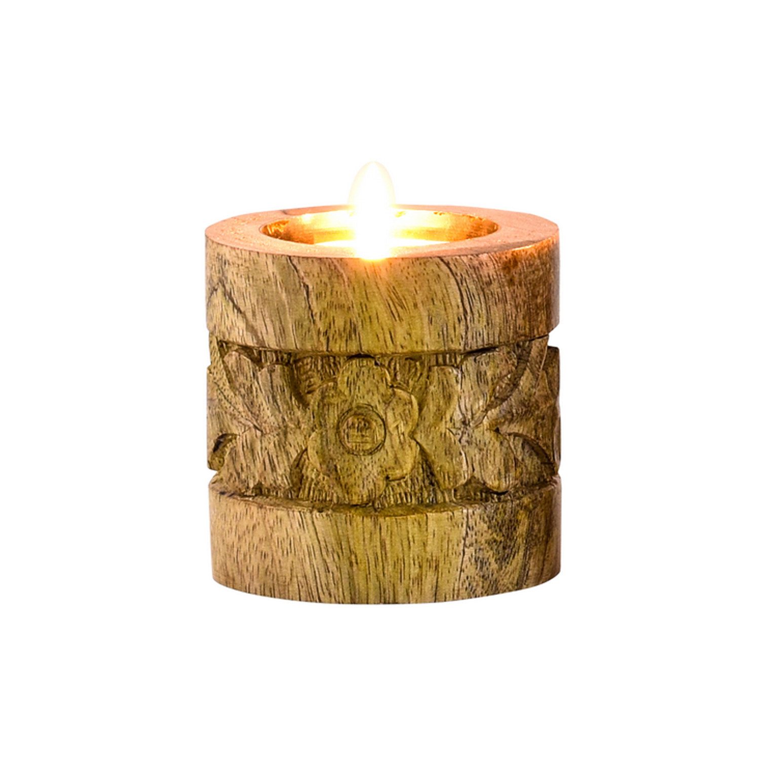 Marrakesch Orient & Mediterran Interior Teelichthalter Boho Holz-Kerzenleuchter Luja modern aus Mangoholz in Braun 7,5 cm (1 St), Handarbeit