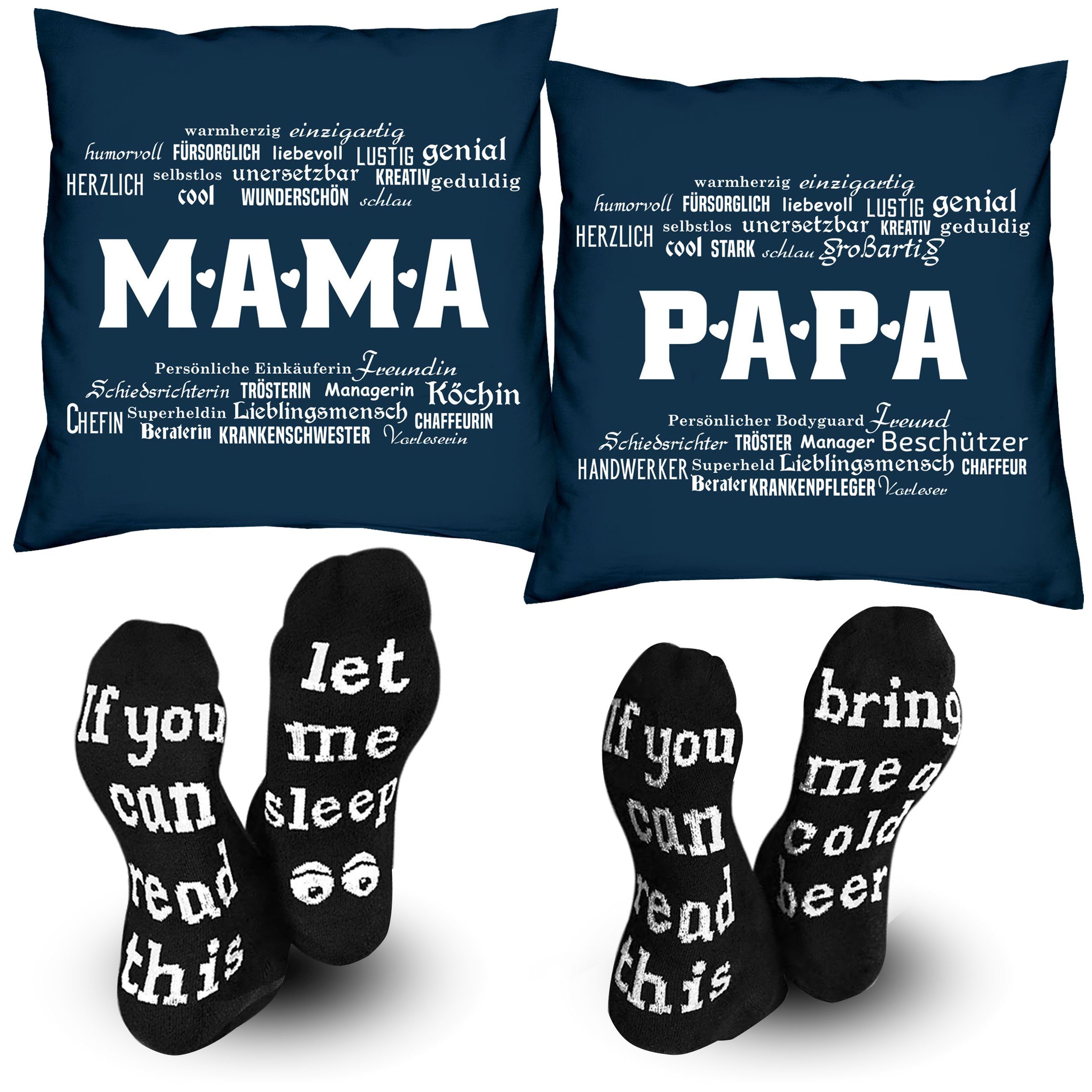 Soreso® Dekokissen Eltern Geschenk zu Weihnachten 2 Kissen Mama und Papa + 2 Paar Socken, Geschenk-Set