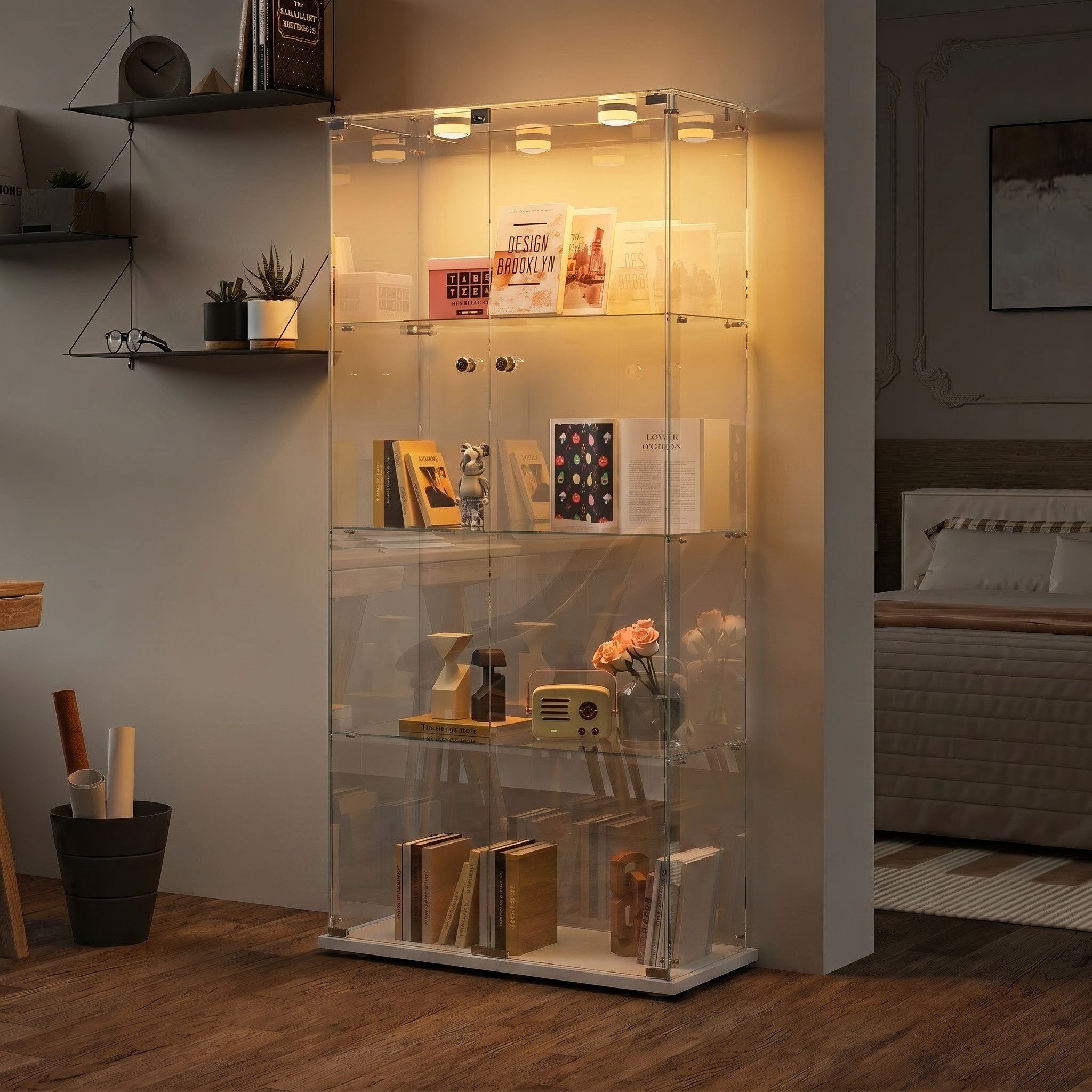NMCXXO Glasvitrine Vitrine Eckglasanzeigeschrank Ausstellungsschrank mit LED-Beleuchtung Standvitrine/Glasvitrine,Eckglasanzeigeschrank, Große Kapazität