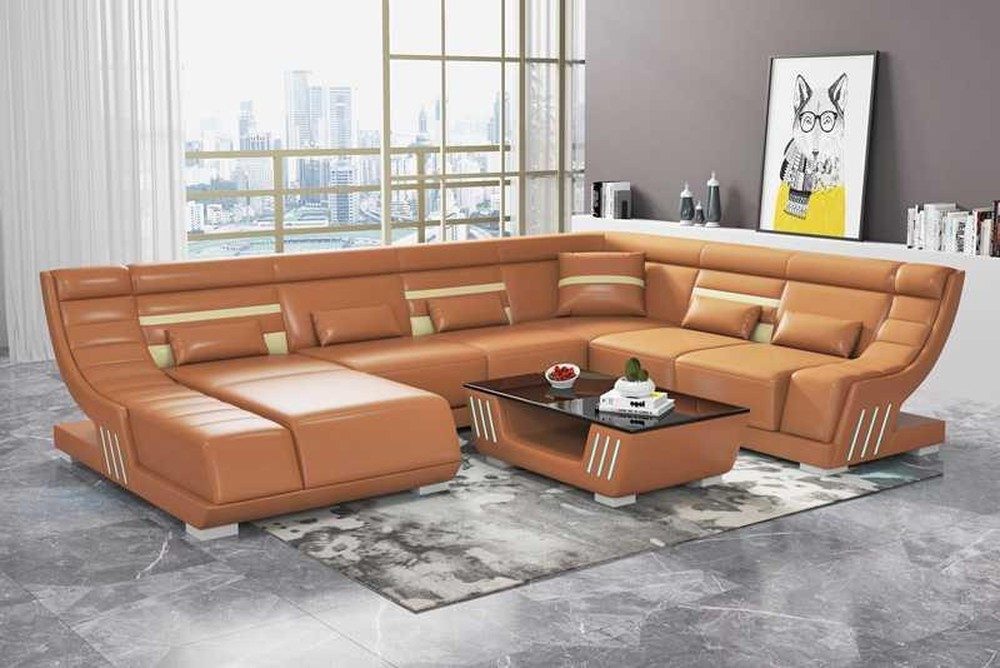 Wohnlandschaft Ecksofa U-Form in Schwarz mit Kunstleder und LED-Beleuchtung