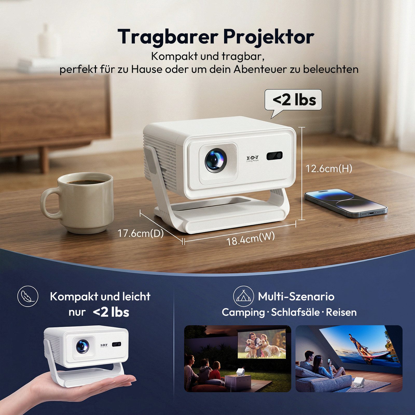 XGODY Gimbal A1 Smart Projektor – Android 14, WLAN 6, BT 5.4, Autofokus LCD-Beamer (400 lm, 10000:1, 3840 x 2160(400 ANSI Lumen) px, Auto-Trapezkorrektur, Tragbarer 8K-Filmprojektor) weiß