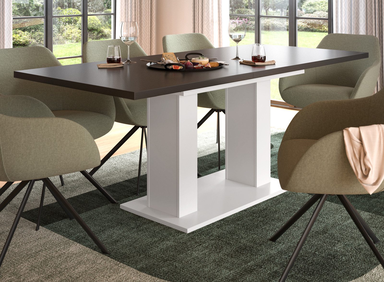 Inn.Furn Säulen-Esstisch Home-X (Küchentisch in Weiß und Grau, ausziehbar 150 - 190 cm), mit stabiler Doppel-Säule
