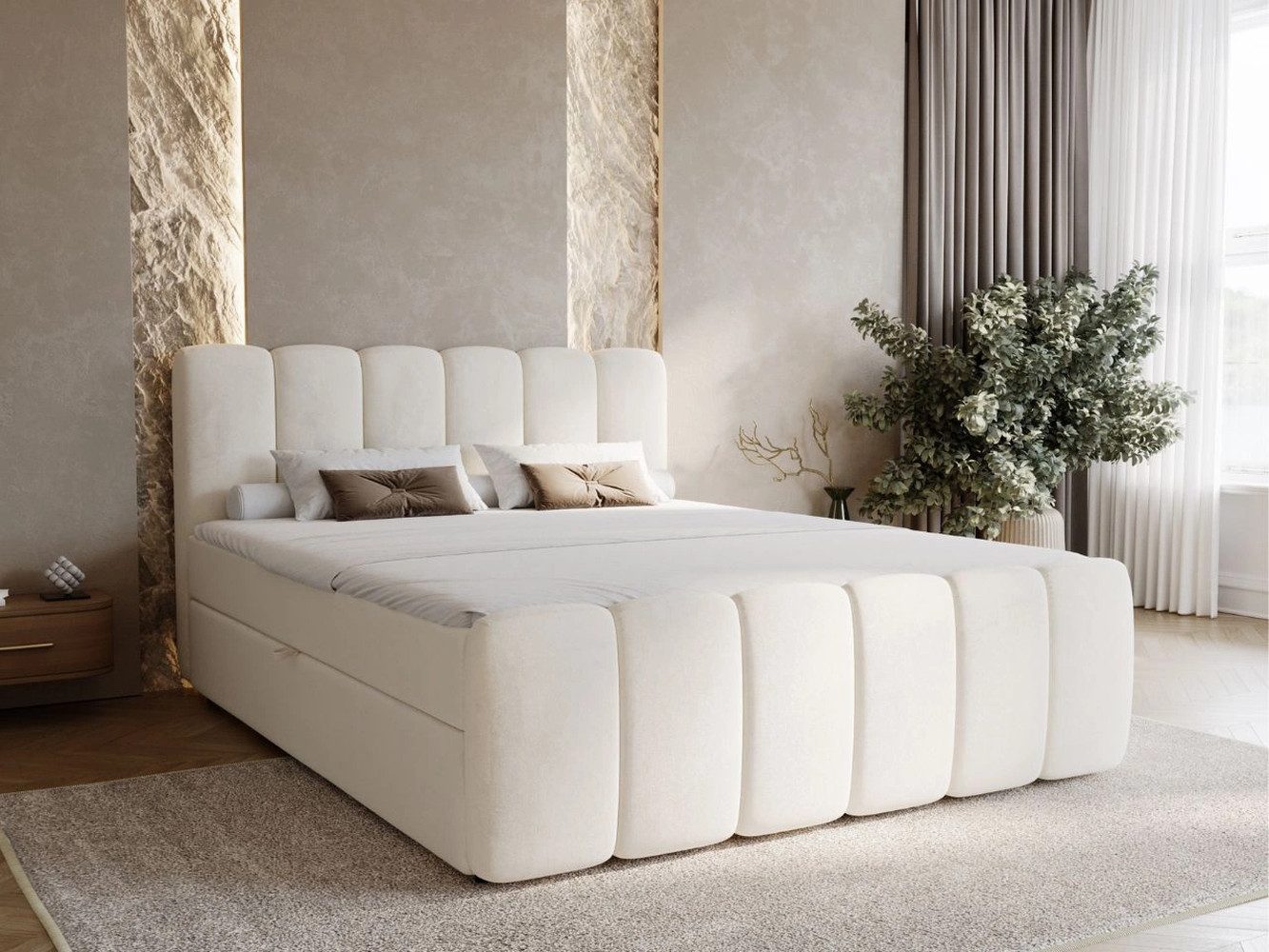 GrainGold Boxspringbett mit Bettkästen CLOUD, Modern Bett mit Kopfteil, 140x200 cm, Beige (1x Bett + 1x Topper)