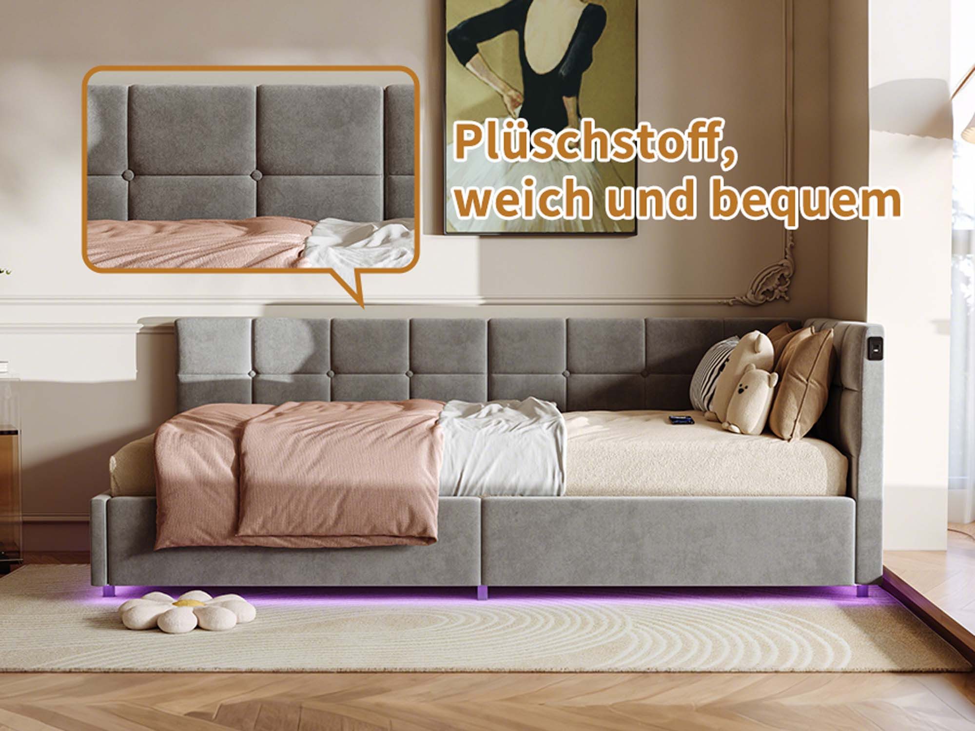 zebery Polsterbett Daybett Tagesbett LED Einzelbett 90x200cm (Hydraulisch hebbarer Stauraumbett), Jugendbett mit USB & Type-C,Samt,Grau – Bild 2 von 5