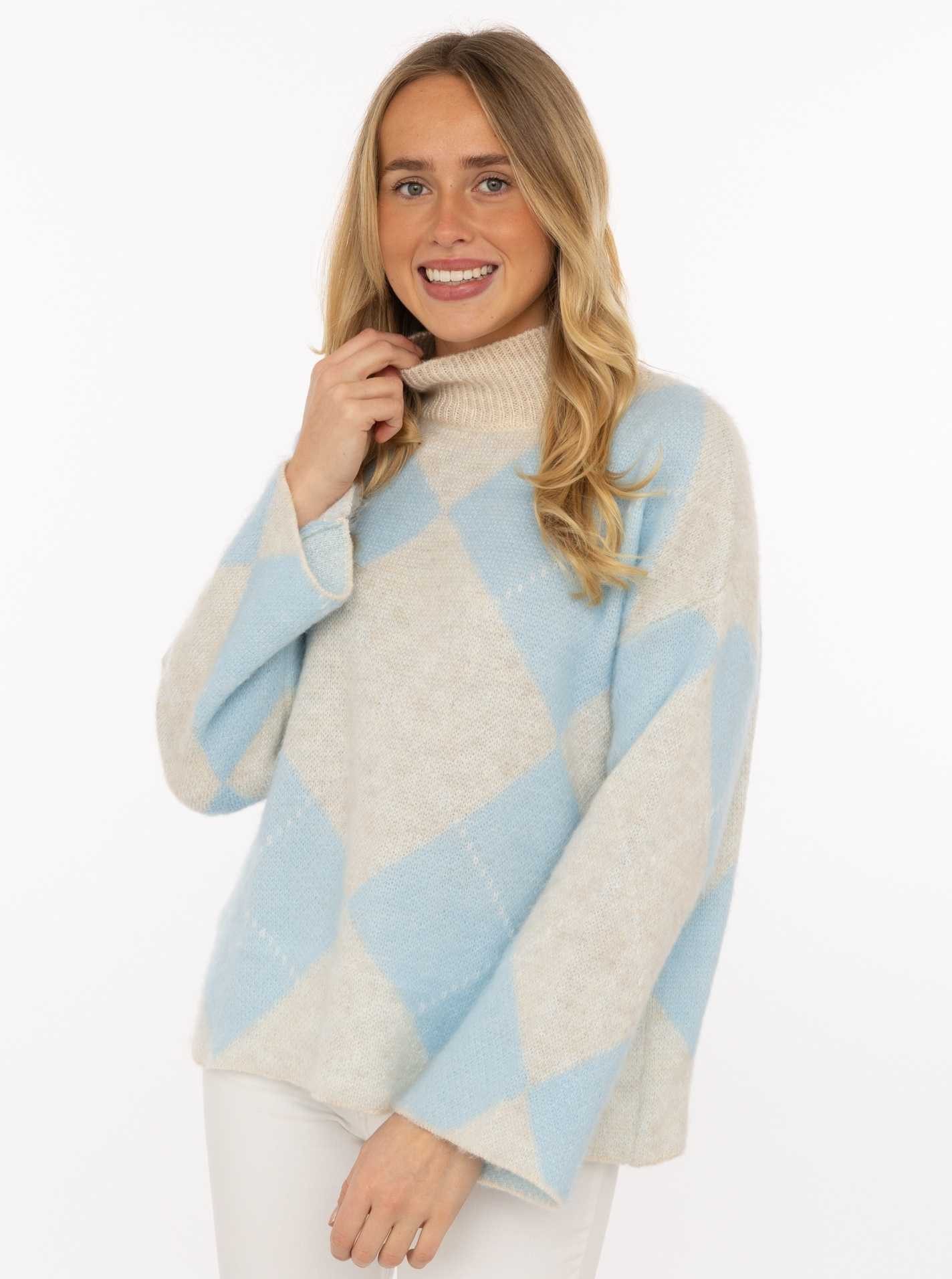 Zwillingsherz Rollkragenpullover "Argyle" großes Rautenmuster, hoher Kragen, Strick, One Size