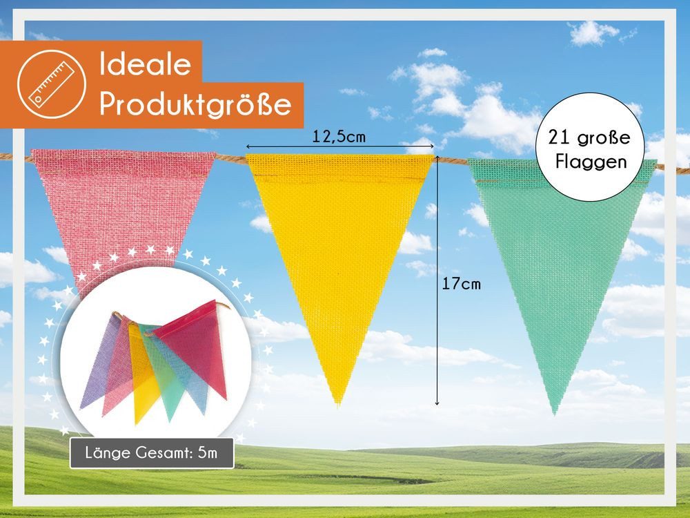 PHENO FLAGS Flagge Wimpelkette aus reinem Leinen-Stoff mit 6 Farben, 5 m, Outdoor & Indoor geeignete, wiederverwendbar