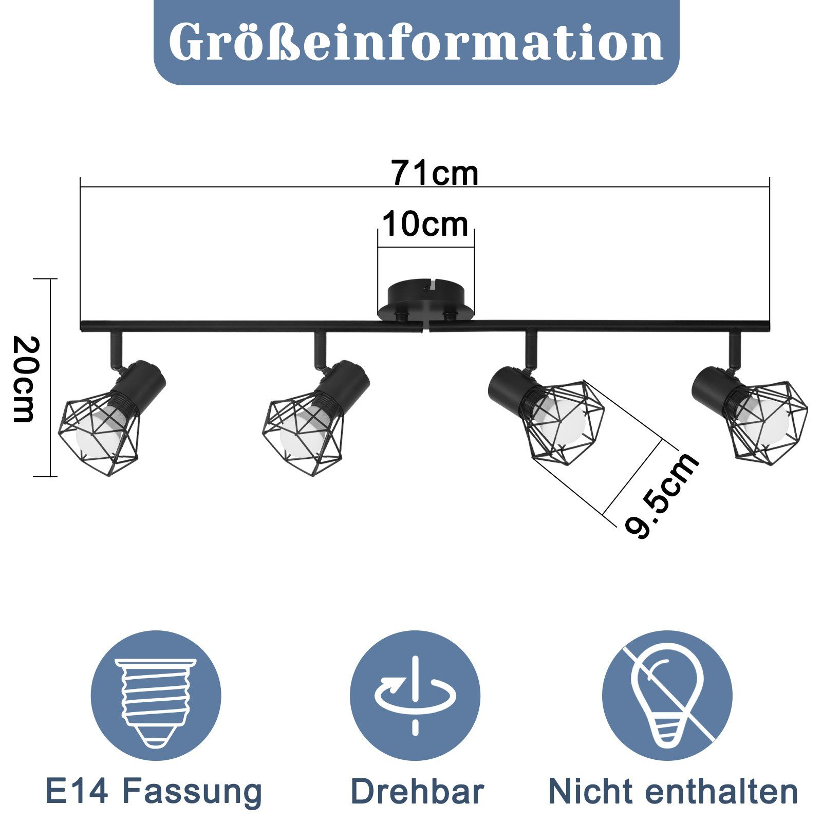 Schwarz ZMH Leuchtmittel, Deckenstrahler Innen Deckenspots ohne Retro E14 4 für Deckenleuchte 350° Flammig Kinderzimmer, Industrie, Wohnzimmer Metall Vintage