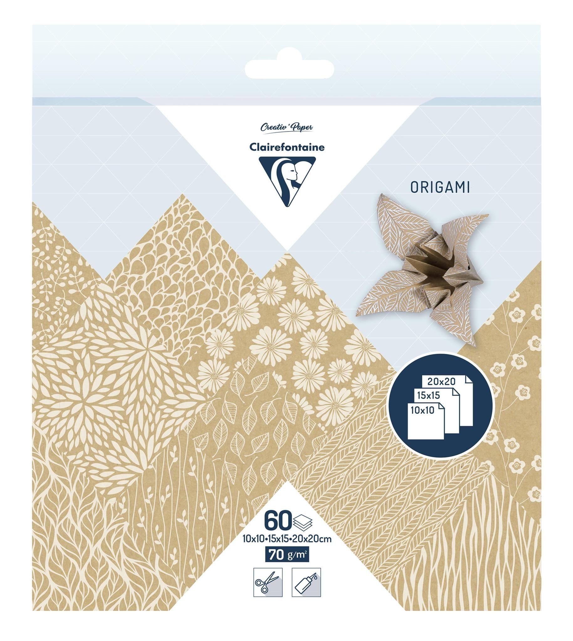 CLAIREFONTAINE Bastelkartonpapier Clairefontaine Origami 60Bl 3 Formate Kraft floral