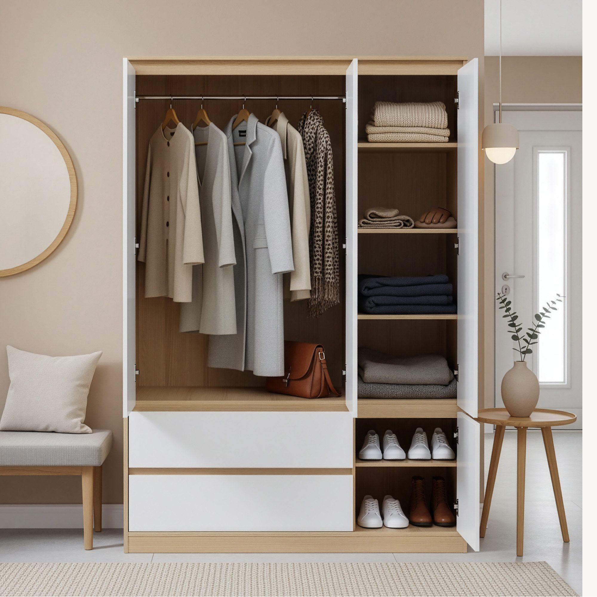 en.casa Kleiderschrank »Bastheim« 4 Türen, 6 Fächer, 2 Schubladen Eiche / Weiß