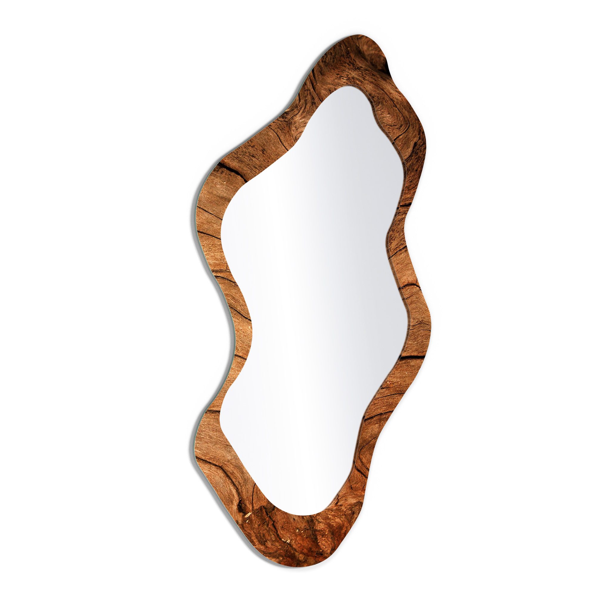 DEQORI Wandspiegel 'Detaillierte Holzmaserung', Spiegel organisch geformt selbstklebend Wand Wohnzimmer Flur groß XXL