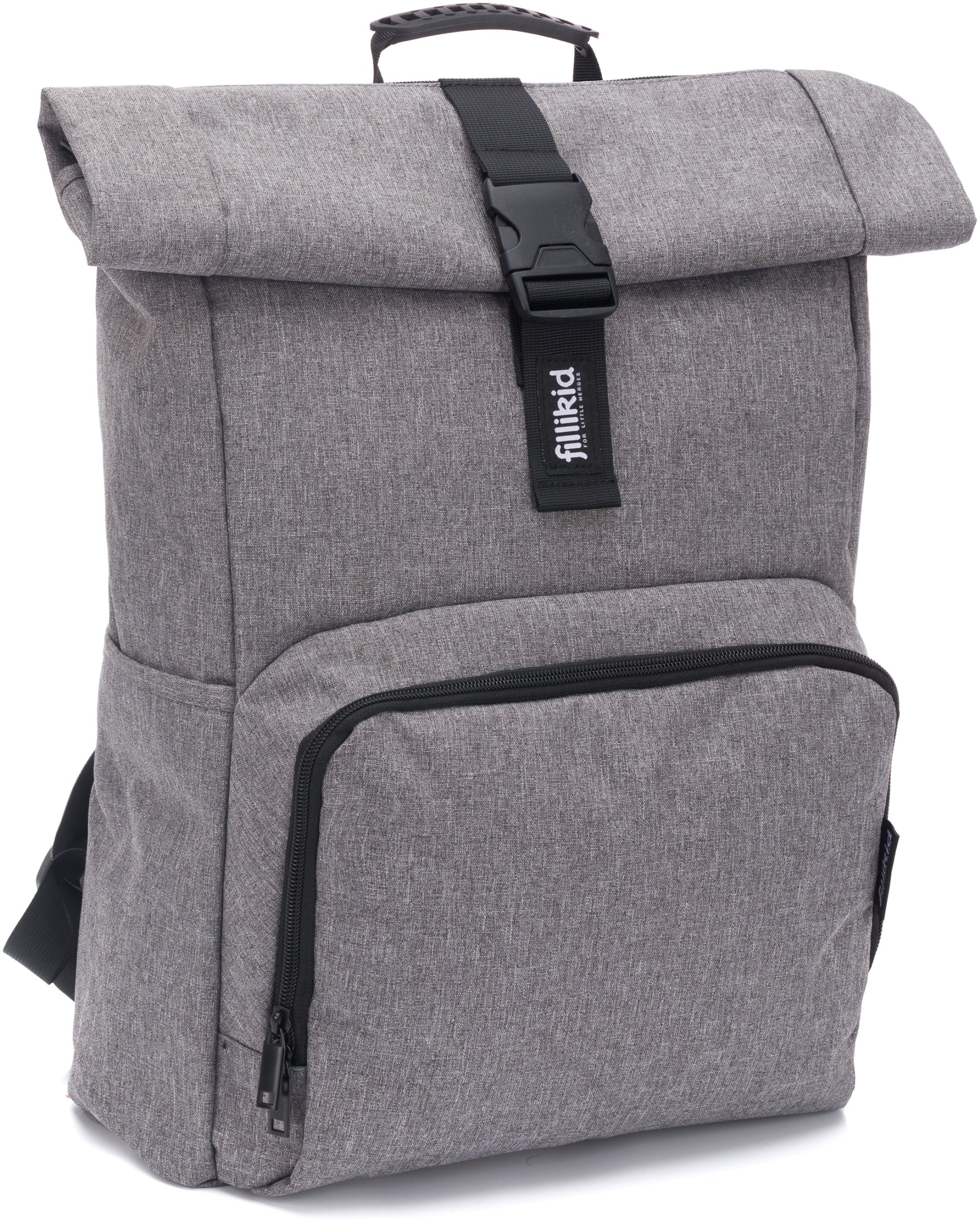 Wickelrucksack Fillikid melange, Volumenerweiterung Tokio, grau mit Wickelauflage und