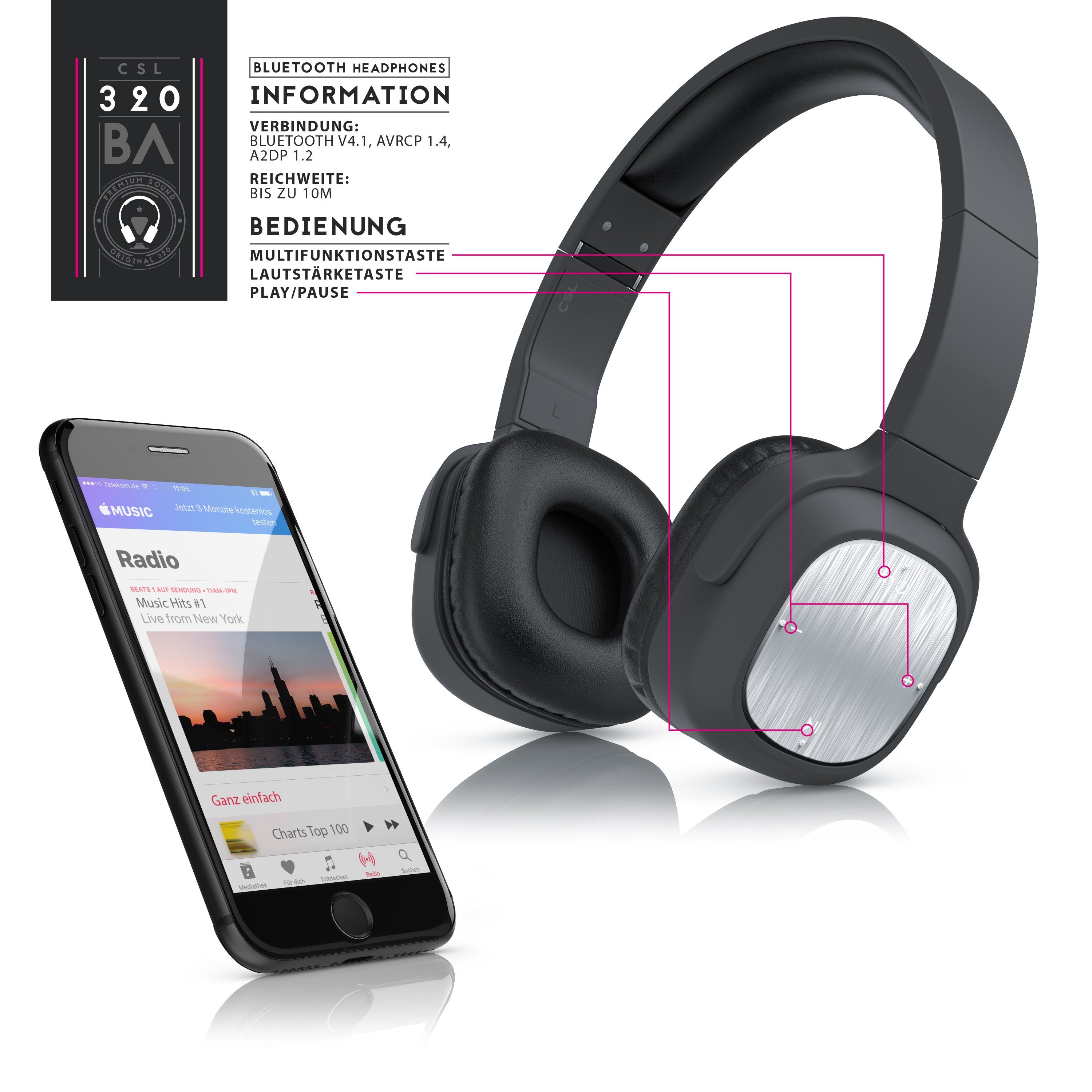 V4.0 320 Wireless Bluetooth-Kopfhörer On Earphone, Ohrhöhrer, Alu (BT CSL Ear)