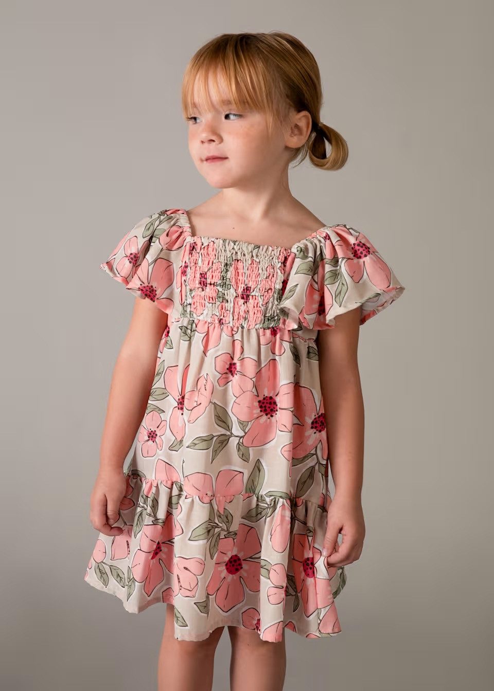 Mayoral Smokkleid Gemustertes Mädchen Kleid mit Smokestich – Kurzarm