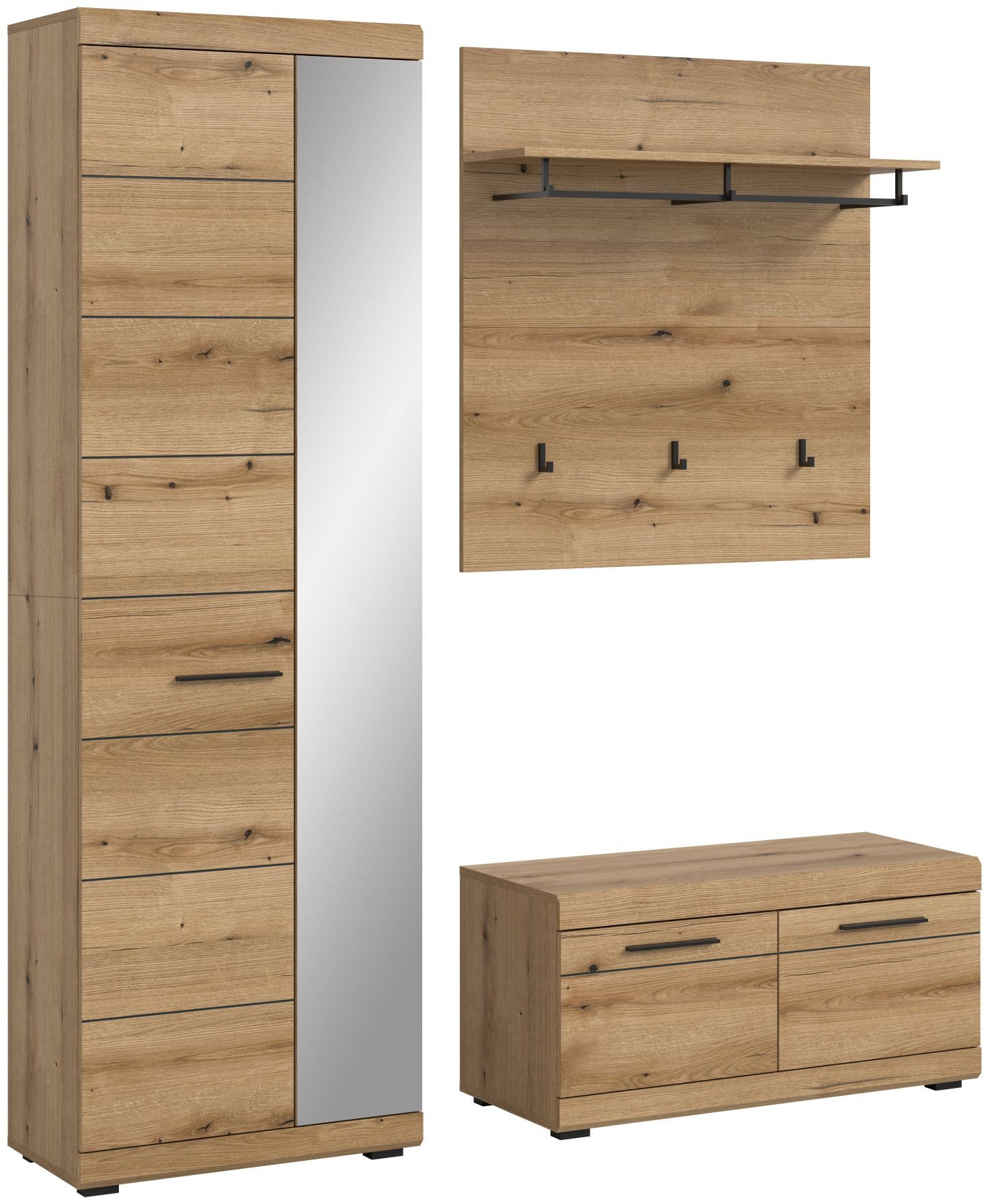 xonox.home Garderoben-Set, (3tlg. Set bestehend aus Garderobenschrank, Sitzbank, Paneel), Evoke Oak Nachbildung Softclose Melamin Modern 167x197x40 cm