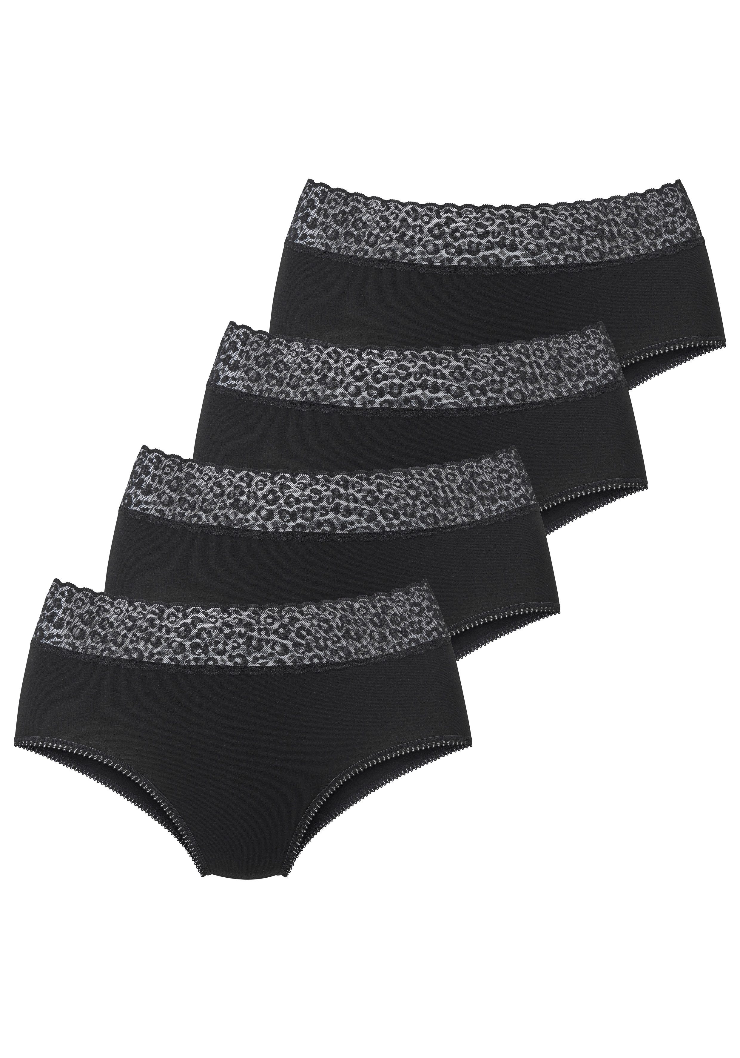 LASCANA Taillenslip (4er Pack) aus elastischer Baumwolle mit Leo-Spitze am Bund