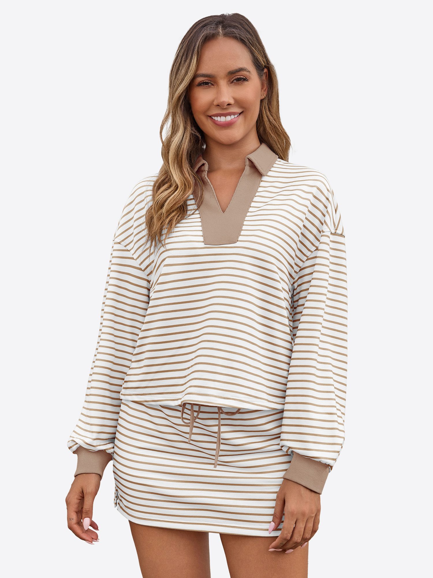 Imily Bela Hausanzug Damen 2-teilige Gestreifter Pullover-Sets (Set, 2 tlg., Sweatshirt+Relaxshorts) V-Ausschnitt