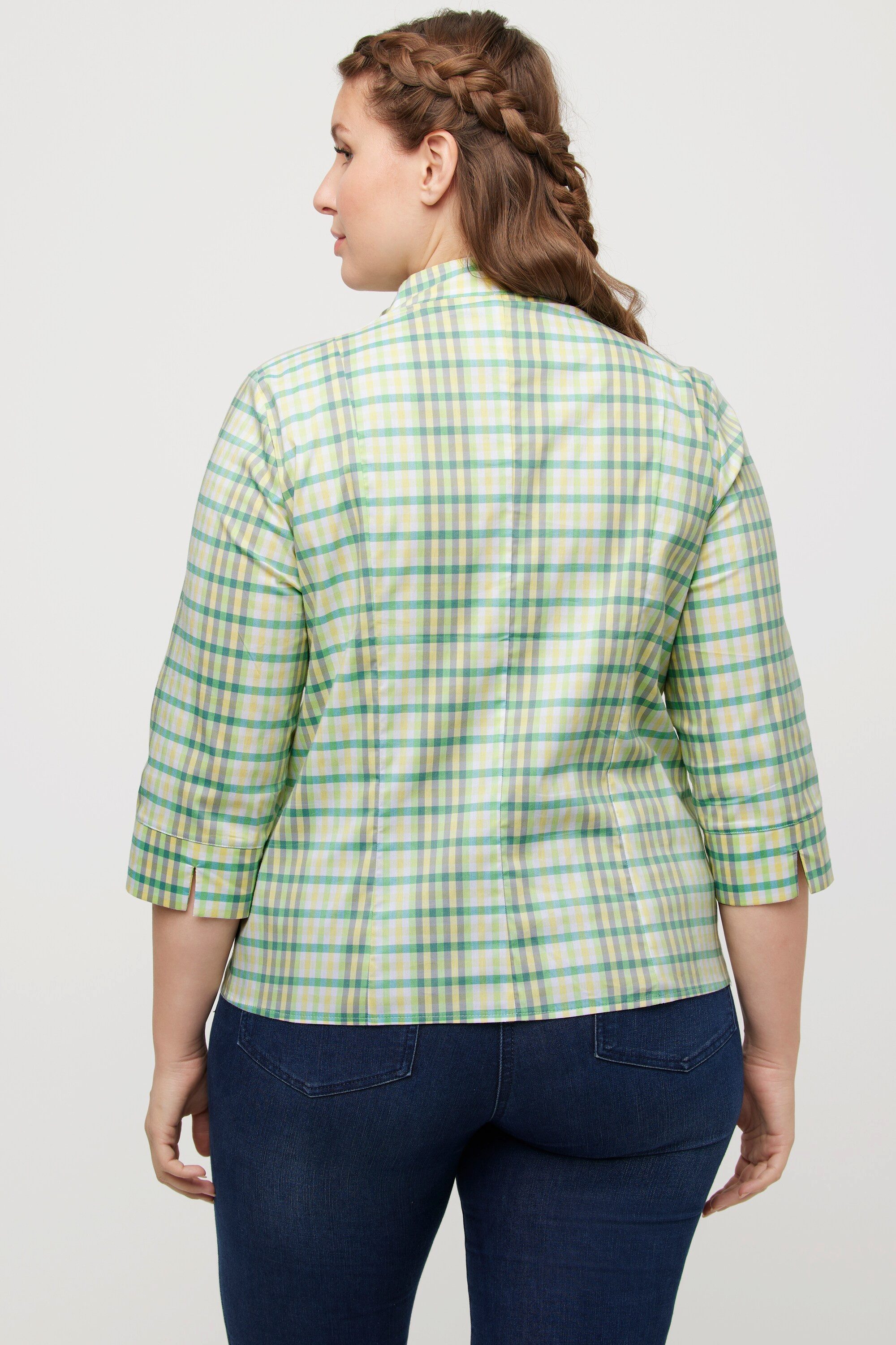 Ulla Popken Longbluse Bluse Karo Slim Kelchkragen V-Ausschnitt 3/4-Arm