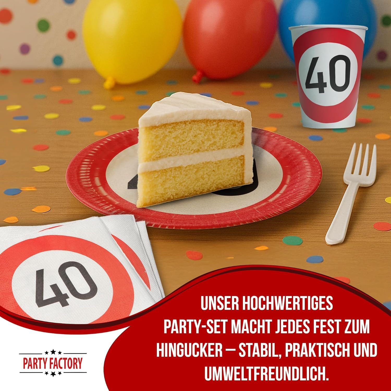 Party Factory Geschirr-Set Happy Birthday 40 36-tlgParty-Set mit Teller, Bechern und Servietten, 8 Personen, stabil & Farben intensiv