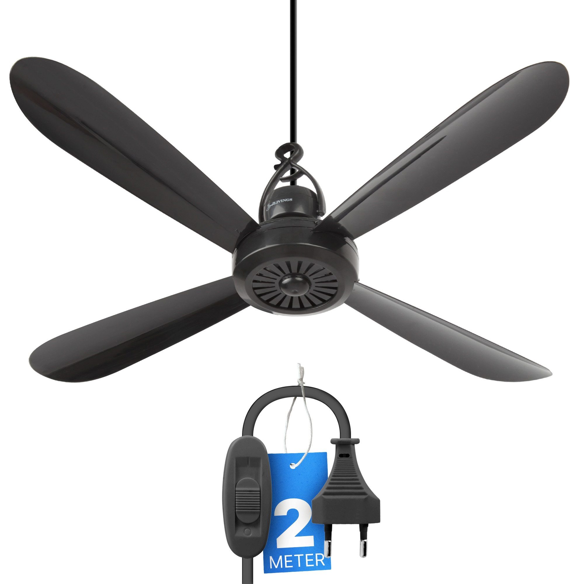 Bestlivings Deckenventilator mobil mit Anschlusskabel und Schalter, mit Aufhängung, Luftzug Umkreis 3m, energie- und platzsparend