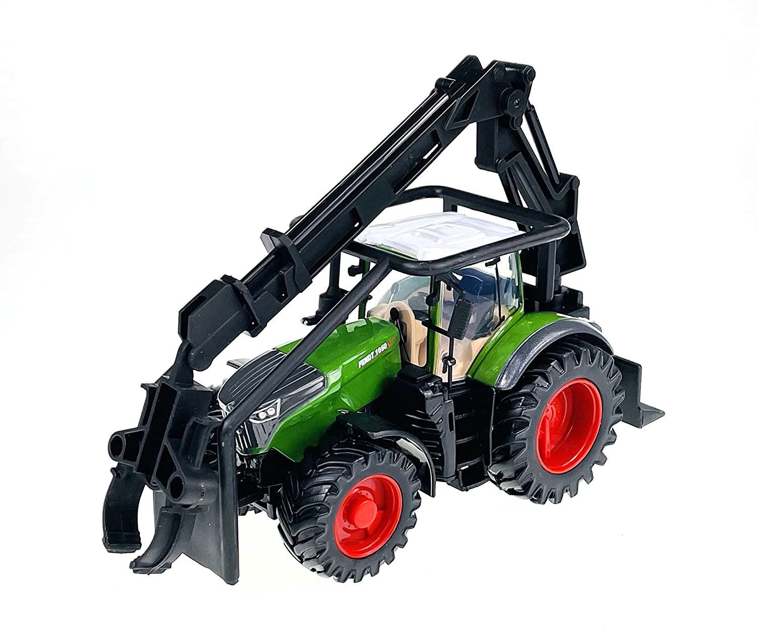 Bburago Spielzeug-Auto Traktor - Fendt 1050 Vario mit Holzgreifer (10cm), mit Schwungradantrieb