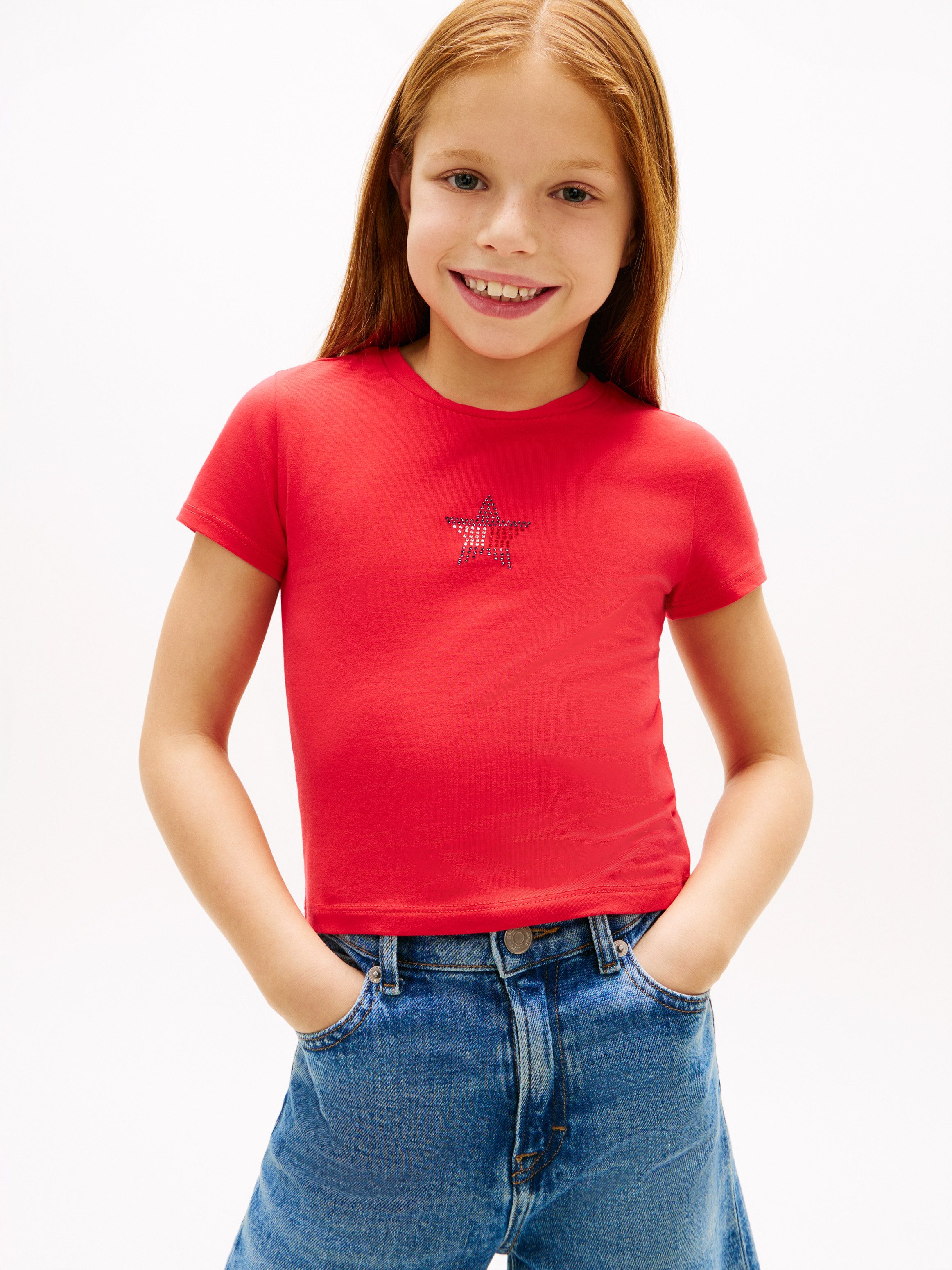 Tommy Hilfiger T-Shirt STAR FLAG TEE SHORT SLEEVE Kinder bis 16 Jahre, Logo mit Strass-Steinen