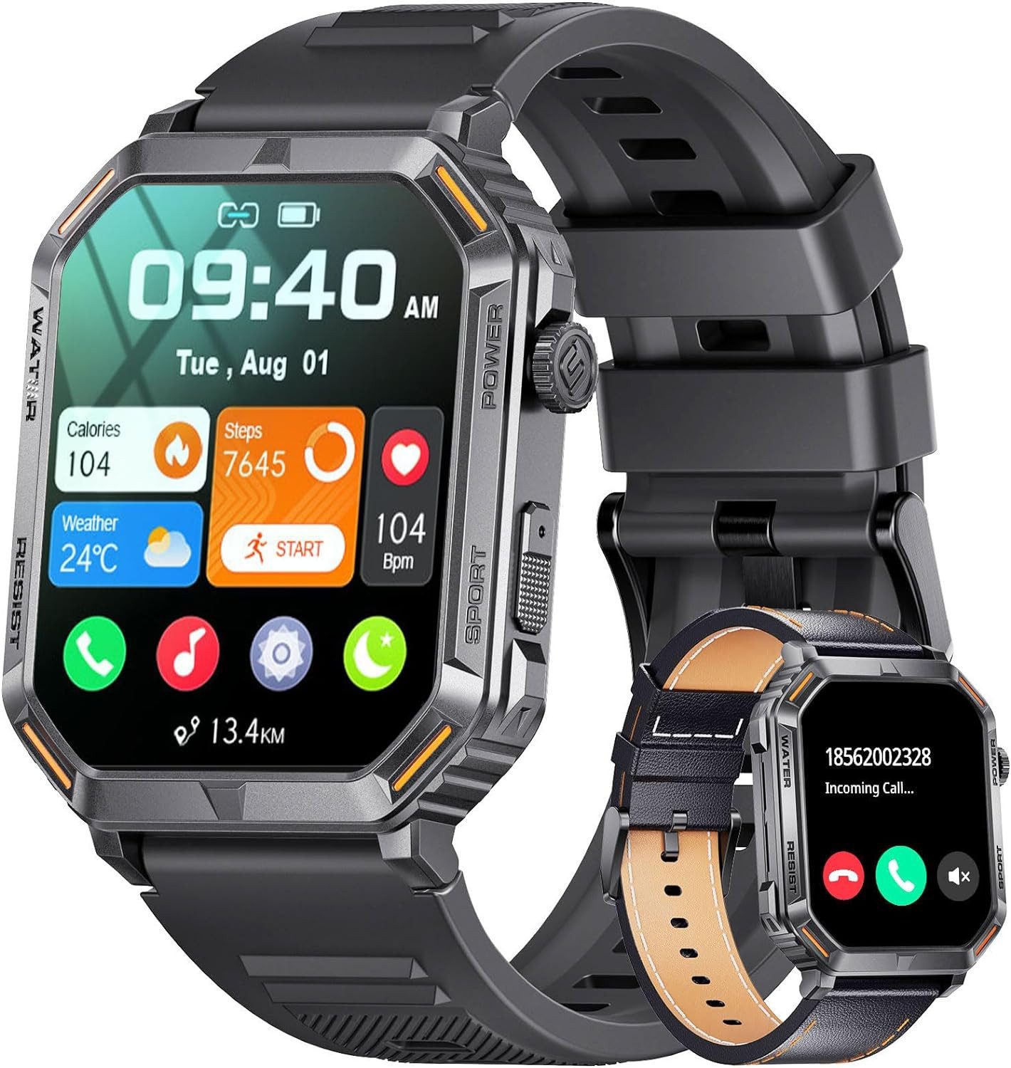 SUNKTA 300mAh IP68 wasserdicht Herren's Bluetooth Anrufe Smartwatch (1,96 Zoll, Android/iOS), mit Sprachassistent Herzfrequenz/SpO2/Schlafmonitor/123 Sport-Modi