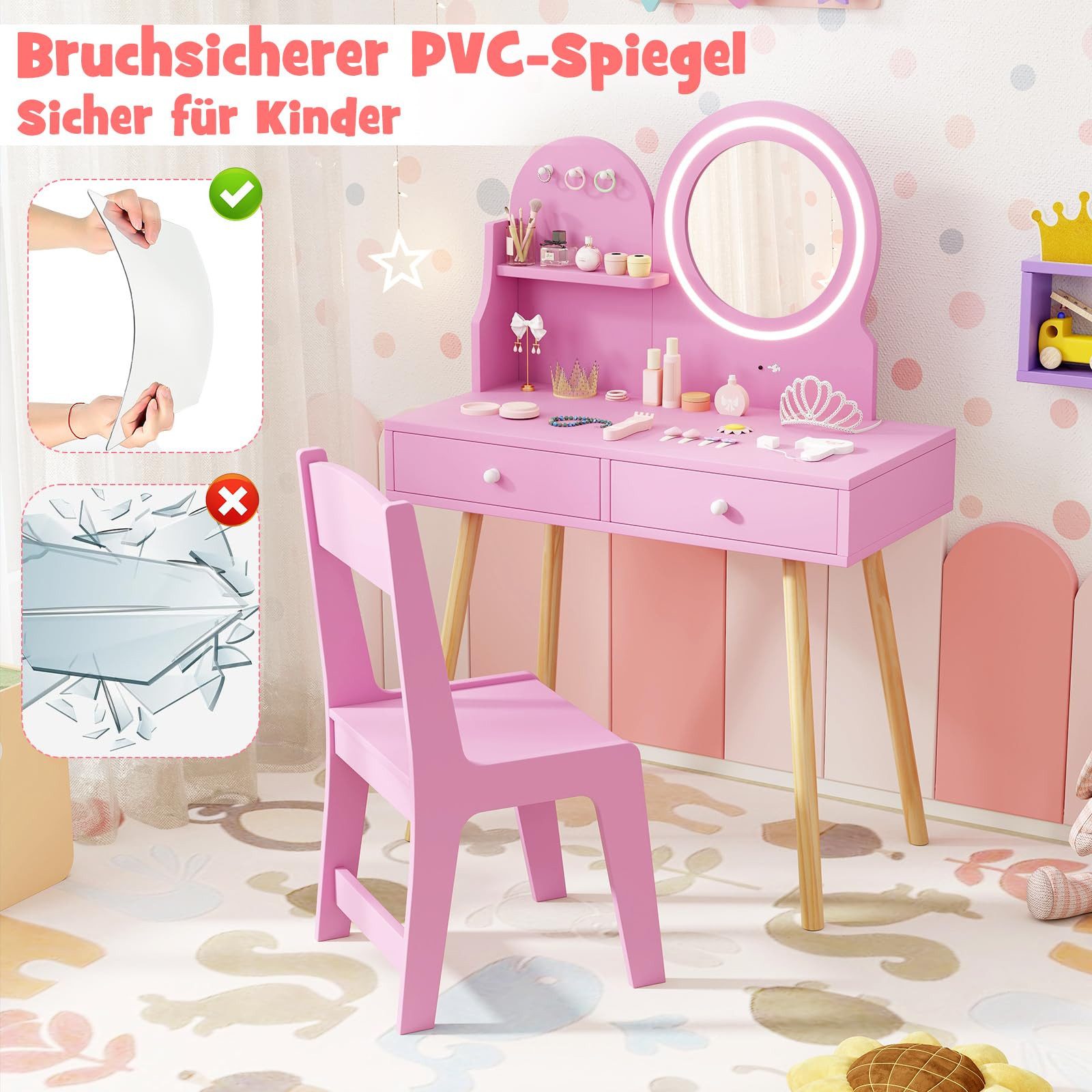 COSTWAY Schminktisch, Kinder Schminktisch mit LED-Beleuchtung, Holz
