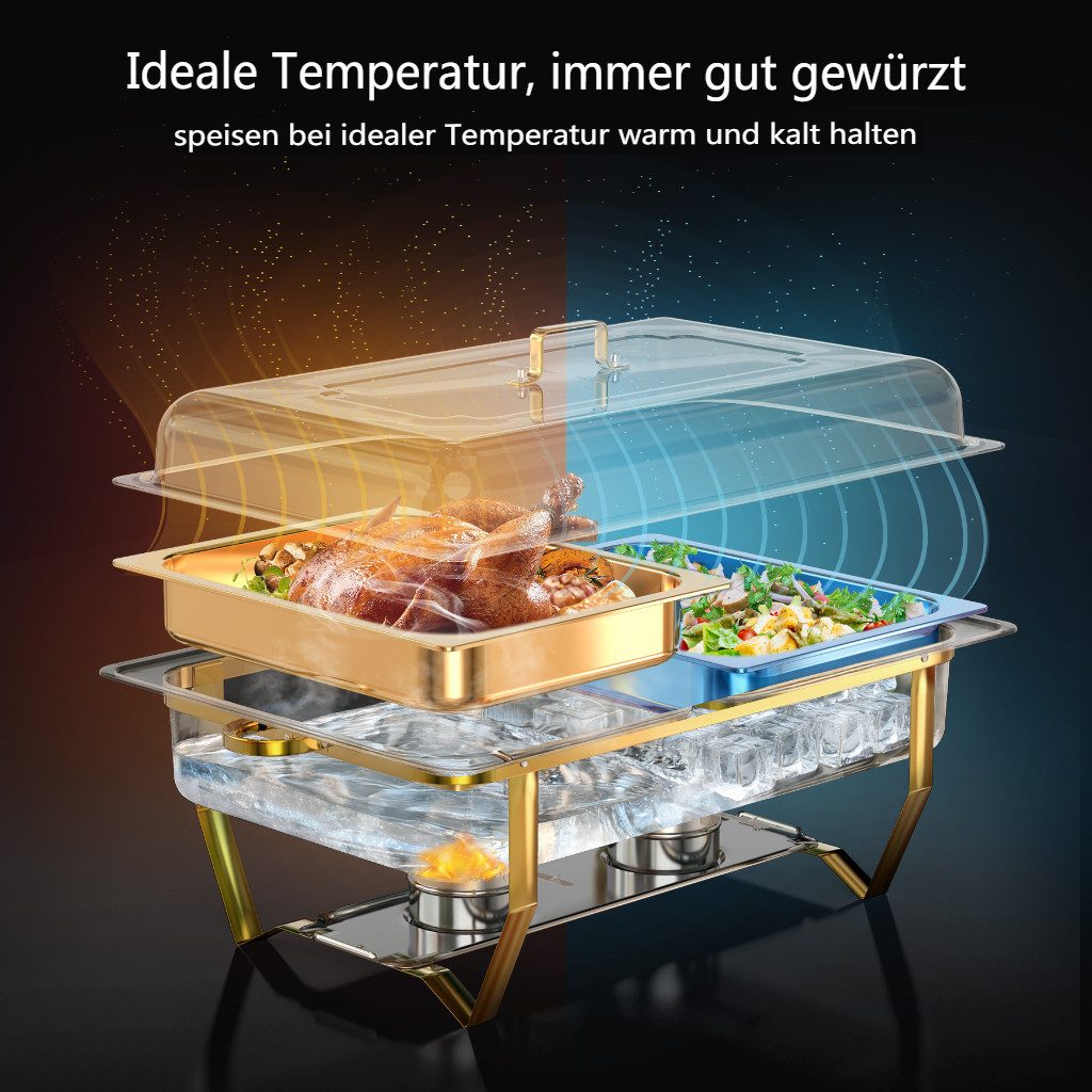 Warmounts Speisenwärmer 8QT, (2-tlg., Edelstahl 7,57L), Chafing Dish Speisenwärmer, 1x GN 1/2 + 1x GN 1/3 Behälter, Edelstahl