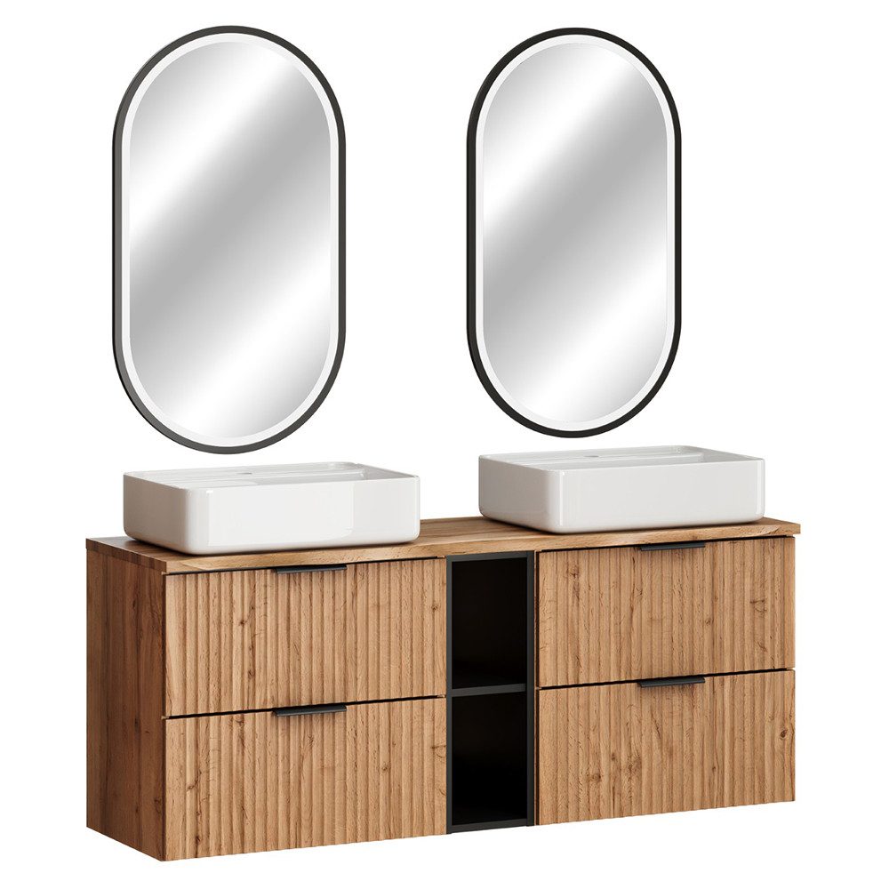 Lomadox Badmöbel-Set ADELAIDE-56, (Spar-Set, 3-St., LED-Spiegel Doppelwaschtisch), in Eiche, gerillte Front, Baumkantenoptik, LED-Beleuchtung