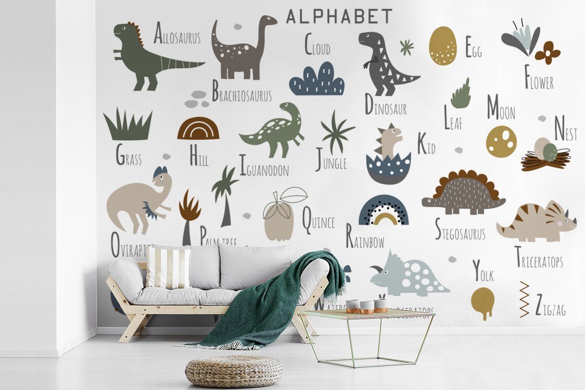 Kinder, - - Tapete (6 Kinderzimmer, - Kinderzimmer Vinyl Wohnzimmer, Matt, - Fototapete Buchstaben MuchoWow Mädchen St), Dinosaurier bedruckt, Wallpaper für Schlafzimmer, Jungen -