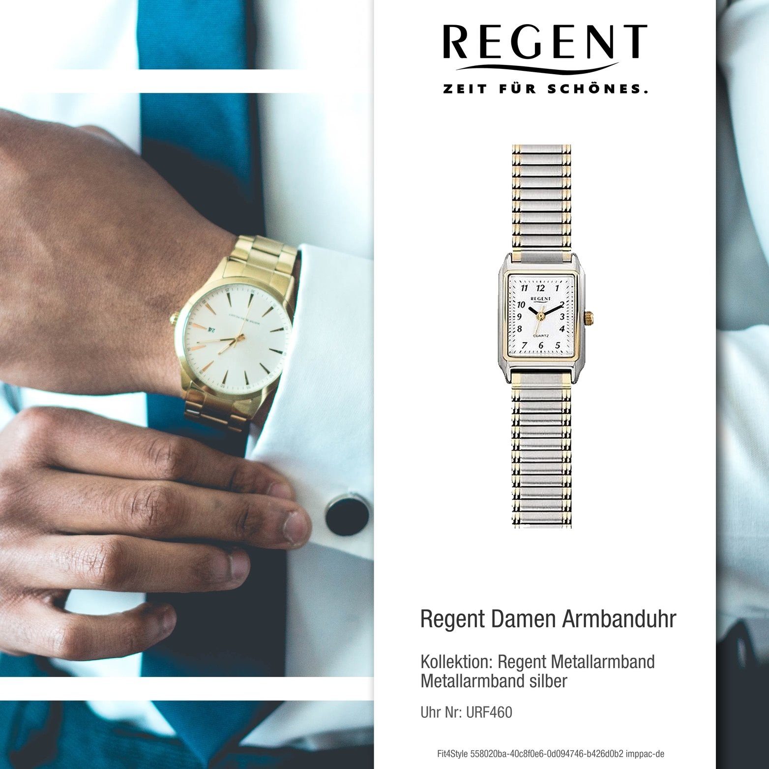 Damenuhr Analog, F-460 Quarzuhr 26mm) gold, Regent Regent eckiges Uhr Damen Gehäuse, klein (ca. Metall silber, Metallarmband